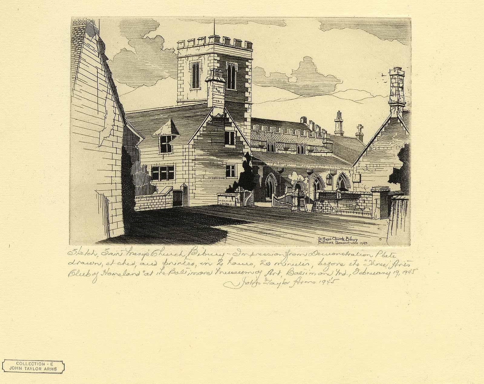 L'église St. Mary's à Bibury, Angleterre   - Beige Landscape Print par John Taylor Arms