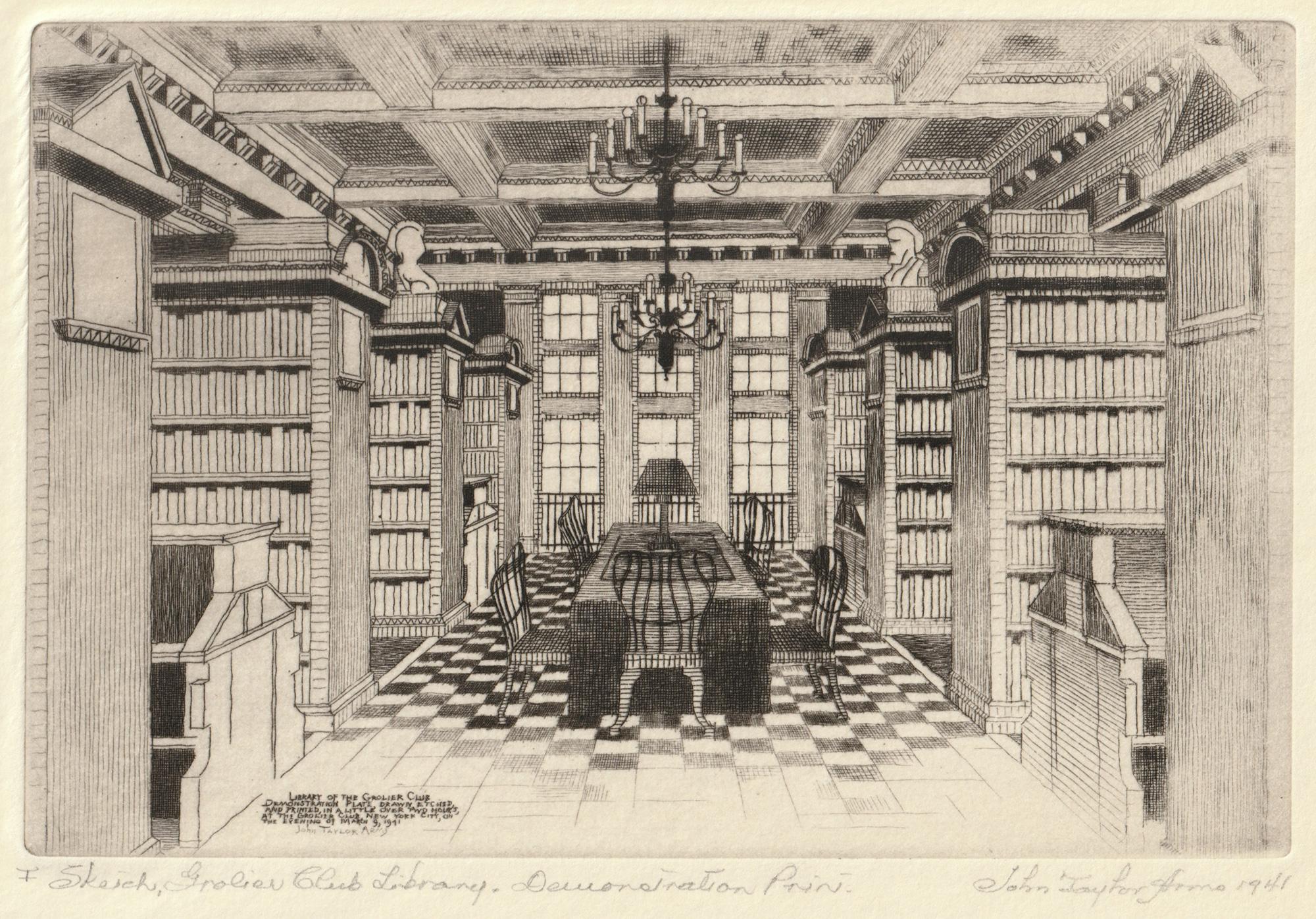 John Taylor Arms Figurative Print - The Grolier Club Library (Sketch), Demonstration Print