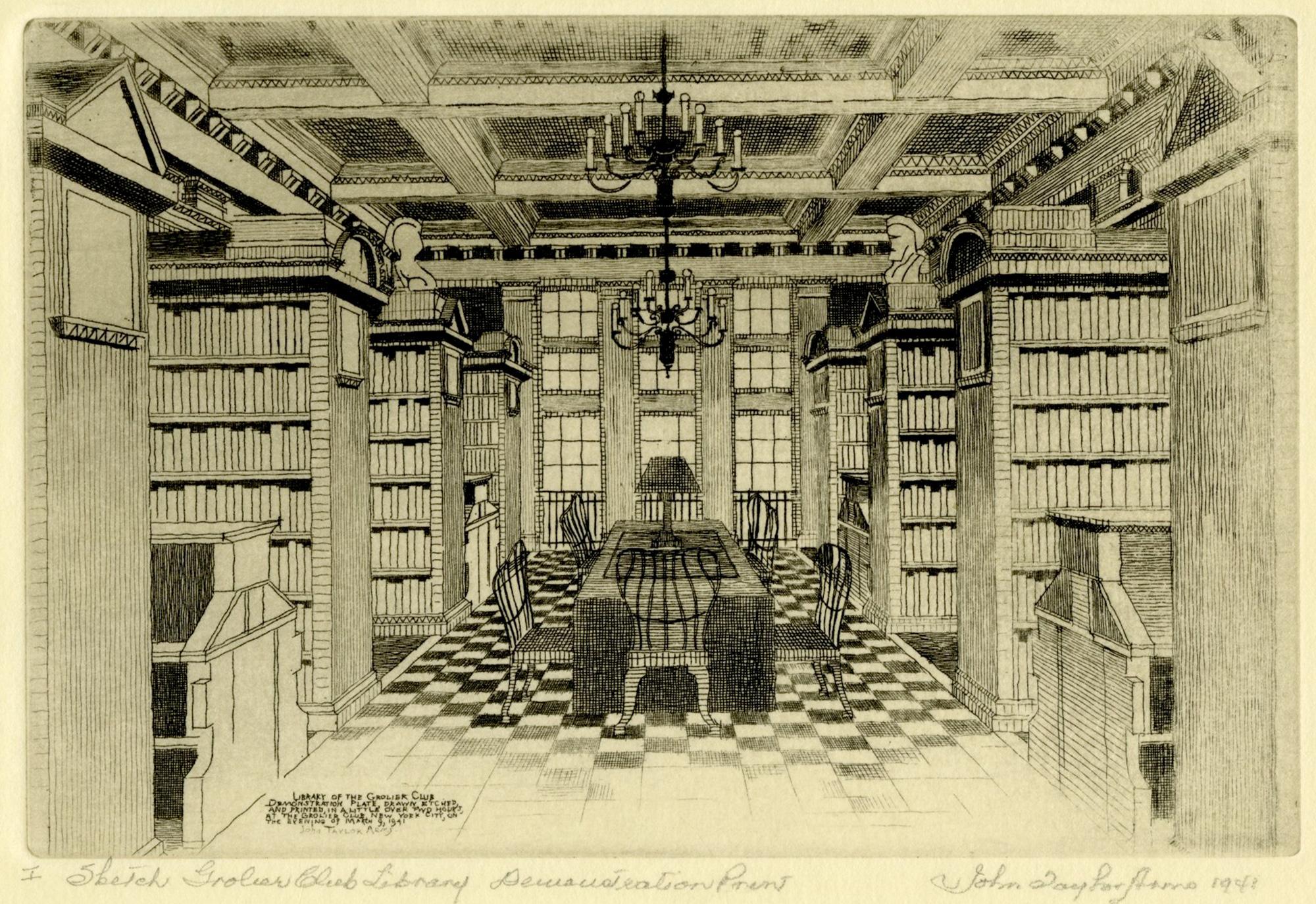 John Taylor Arms Figurative Print - The Grolier Club Library (Sketch) 