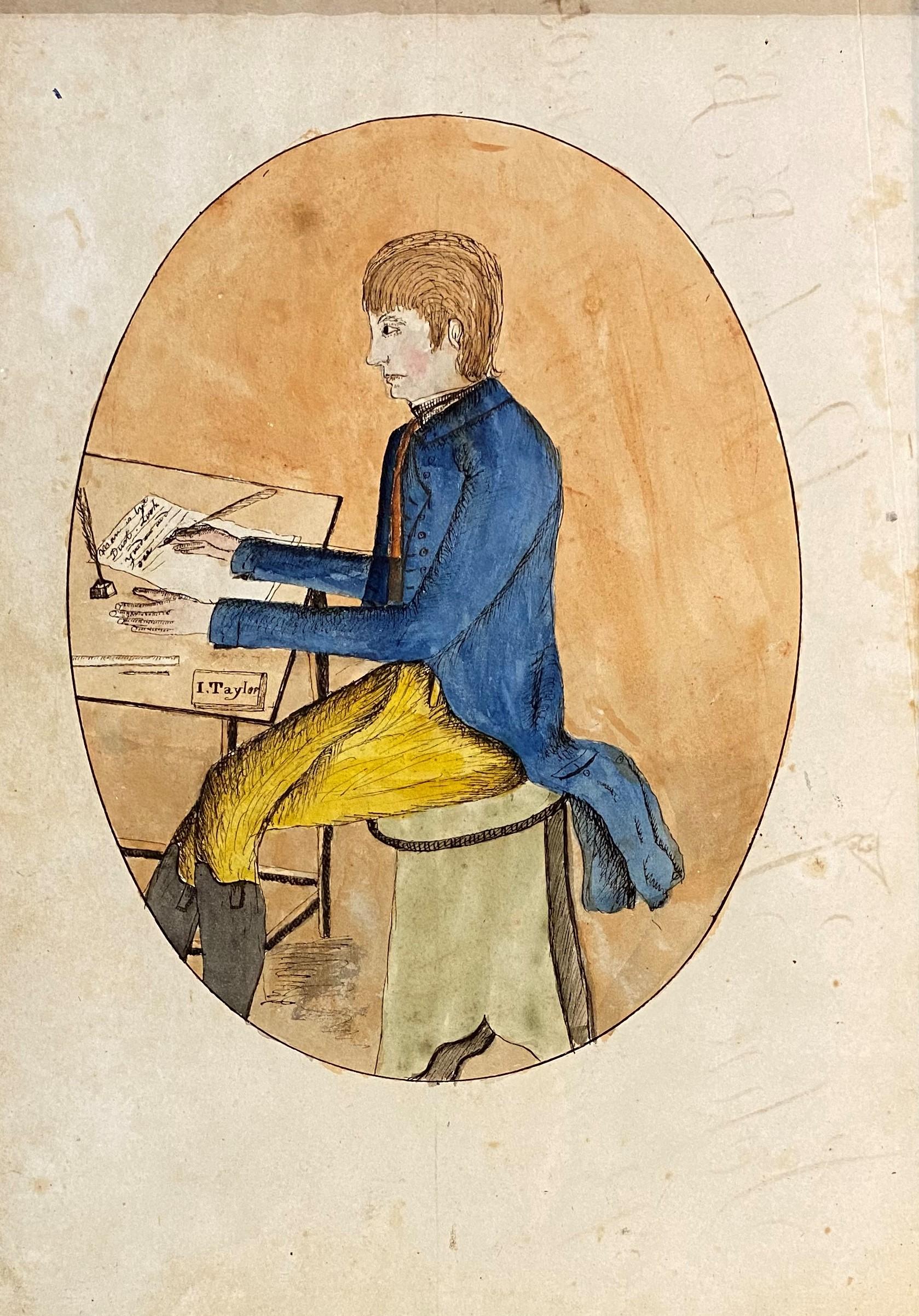 A wonderful American folk art pen and watercolor self portrait of John Taylor, Albany, NY, circa 1805-6. Taylor has drawn himself as a fashionable, industrious young man seated at his drawing table, which is, with all its implements and work, as