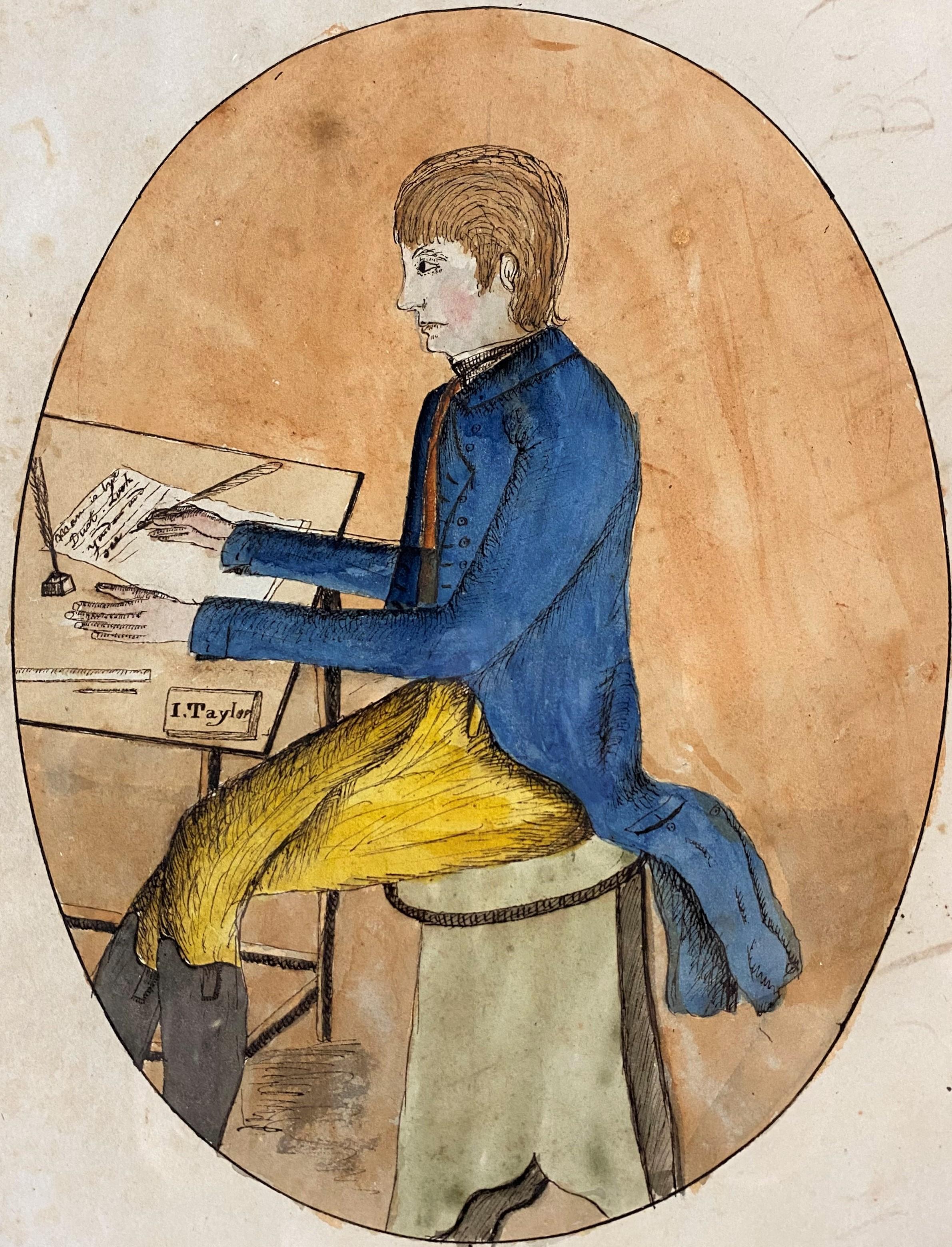 Selbstporträt mit Stift und Aquarellfarbe von John Taylor, Albany NY, um 1805-06 (Volkskunst) im Angebot
