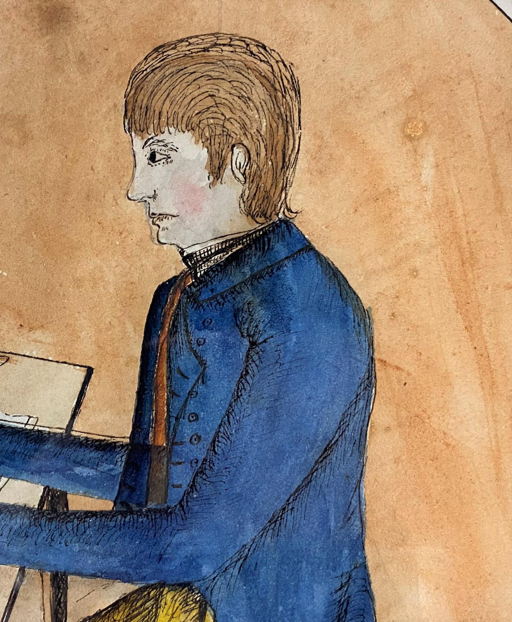 Folk Art John Taylor Pen & Watercolor Self Portrait, Albany NY c1805-06 For Sale