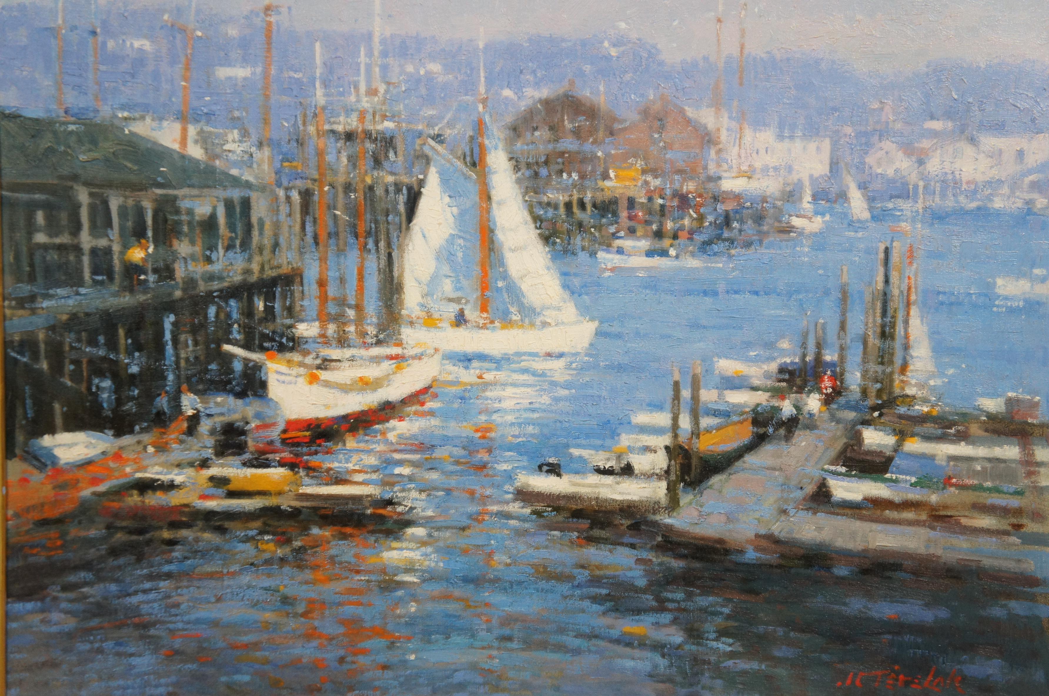 John Terelak Impressionist Oil Painting Dock Sailboats Gloucester Harbor  In Good Condition In Dayton, OH