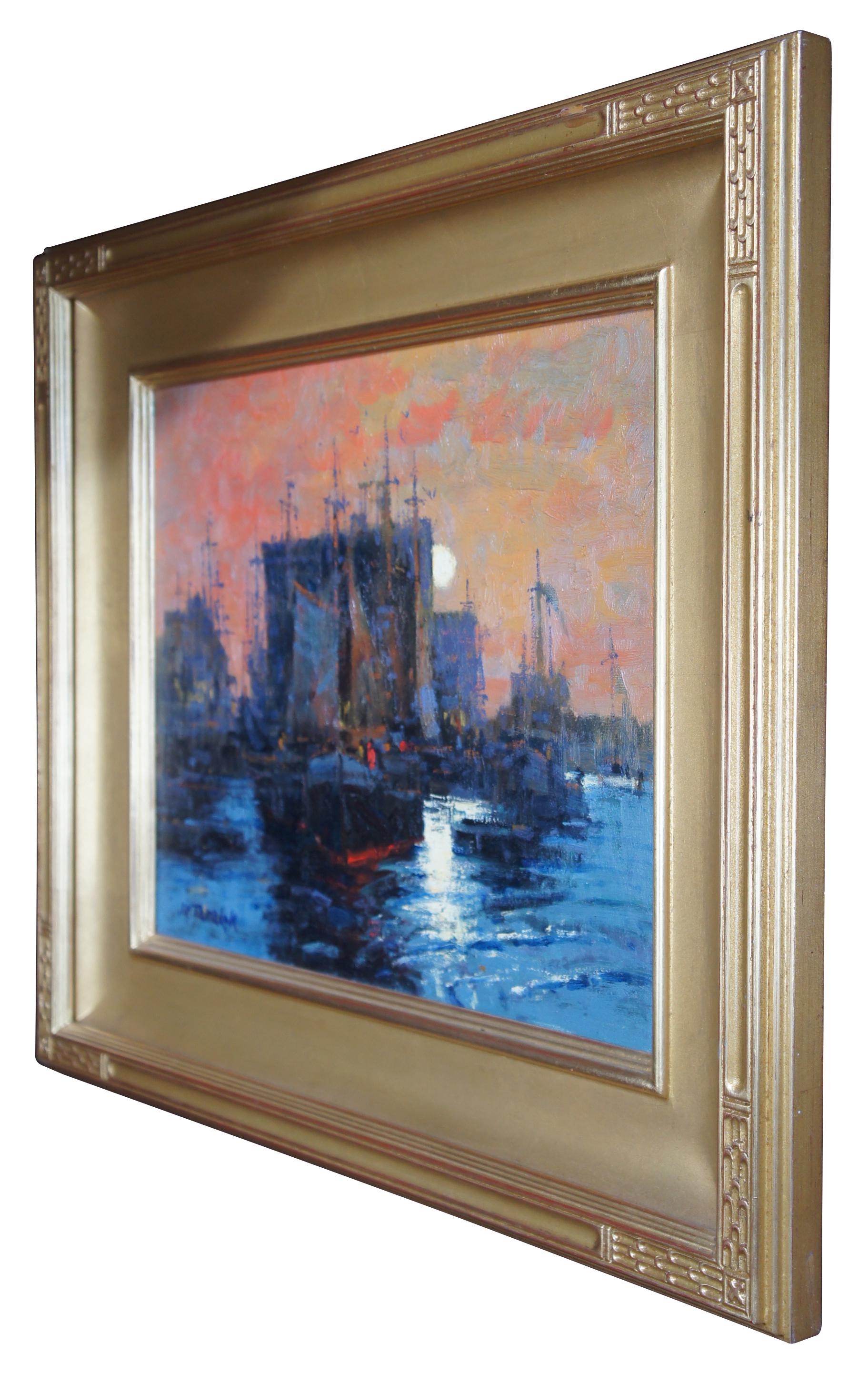 John Terelak, Mackerel Seiners Impressionist Seascape Oil Painting Boats Harbor In Good Condition In Dayton, OH