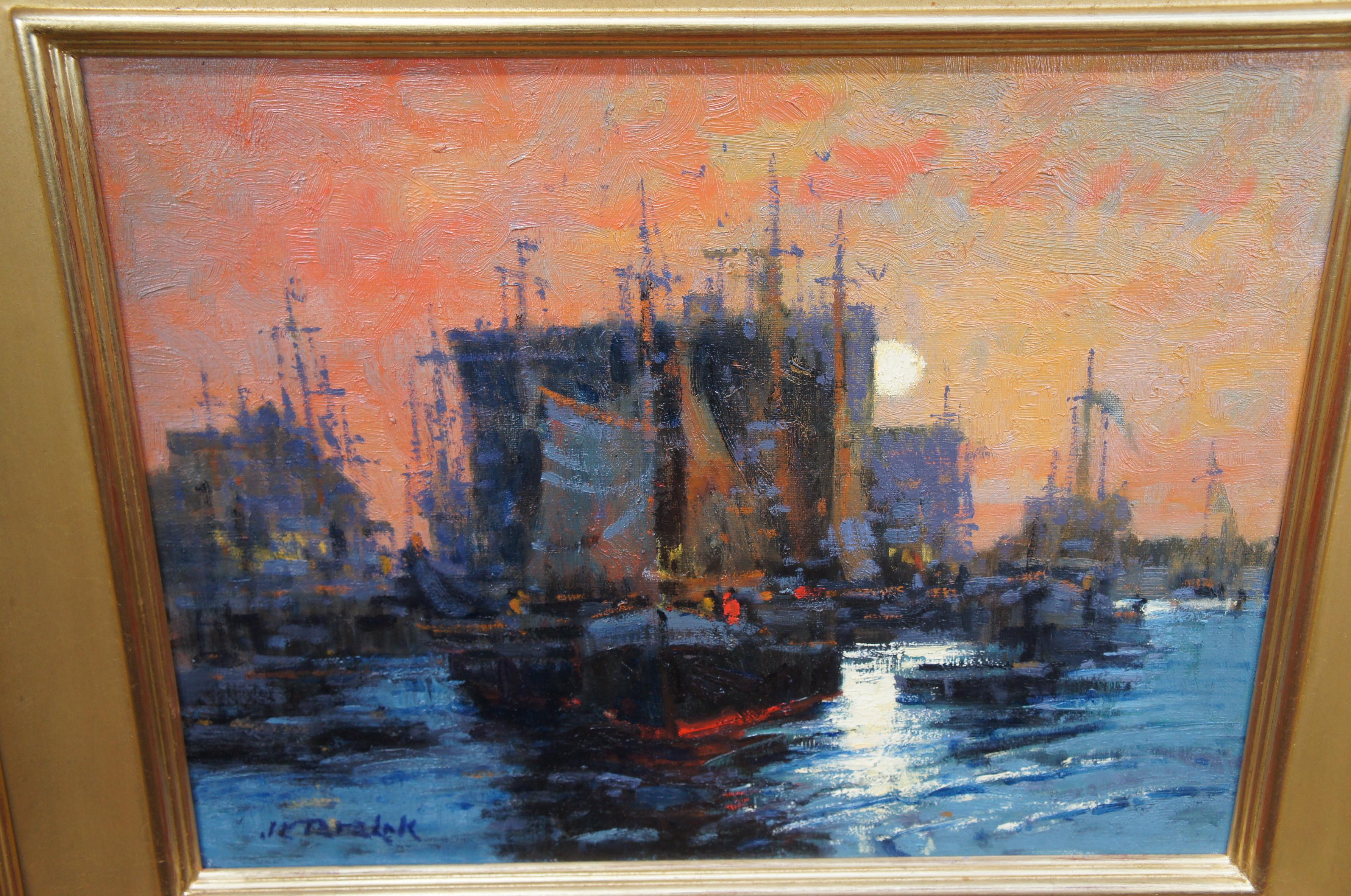 20th Century John Terelak, Mackerel Seiners Impressionist Seascape Oil Painting Boats Harbor