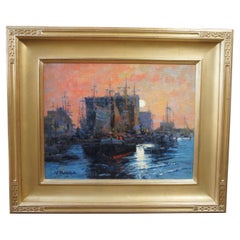 Used John Terelak, Mackerel Seiners Impressionist Seascape Oil Painting Boats Harbor