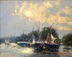 "Porto di Gloucester" Pittura a olio su tavola impressionista con barche a vela sull'acqua