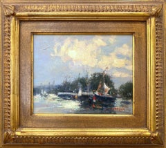 "Gloucester Harbor" Impressionist Sail Boats on the Water Oil Painting on Board