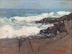 "Loblolly Cove" Pittura ad olio impressionista con onde che si infrangono sul mare, incorniciato