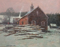 "Winter Evening", impressionist winter nocturne painting, red barn, new england