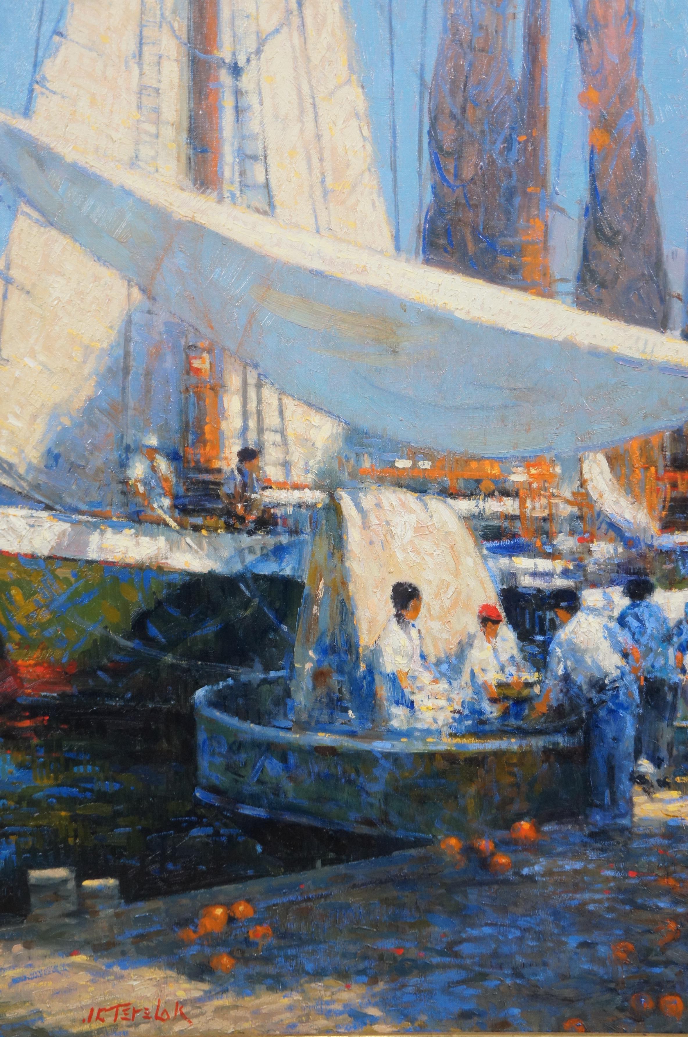 Expressionist John Terelak 'Upland Game' Impressionist Oil Painting Dock Sailboats Harbor