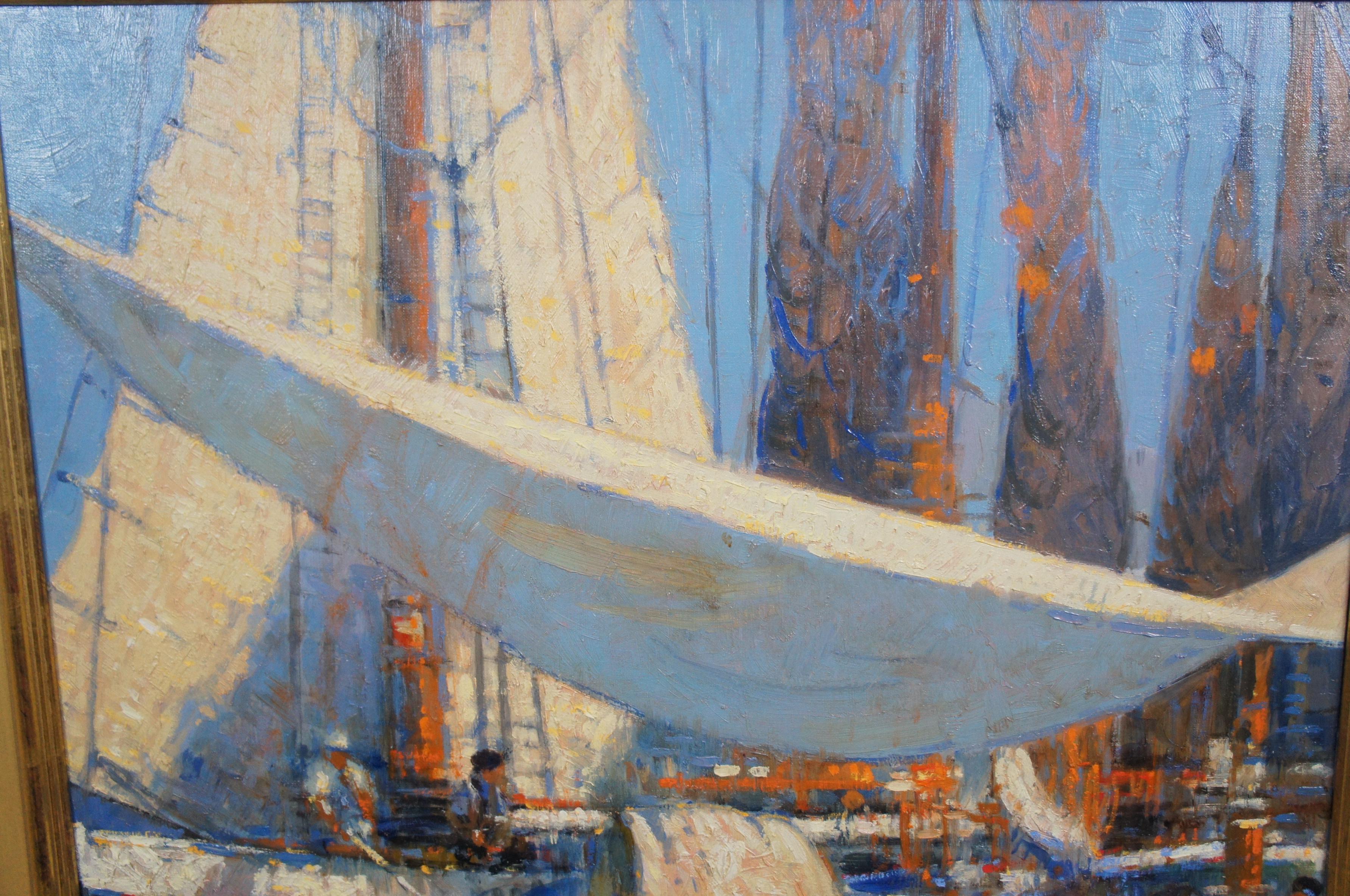 Canvas John Terelak 'Upland Game' Impressionist Oil Painting Dock Sailboats Harbor
