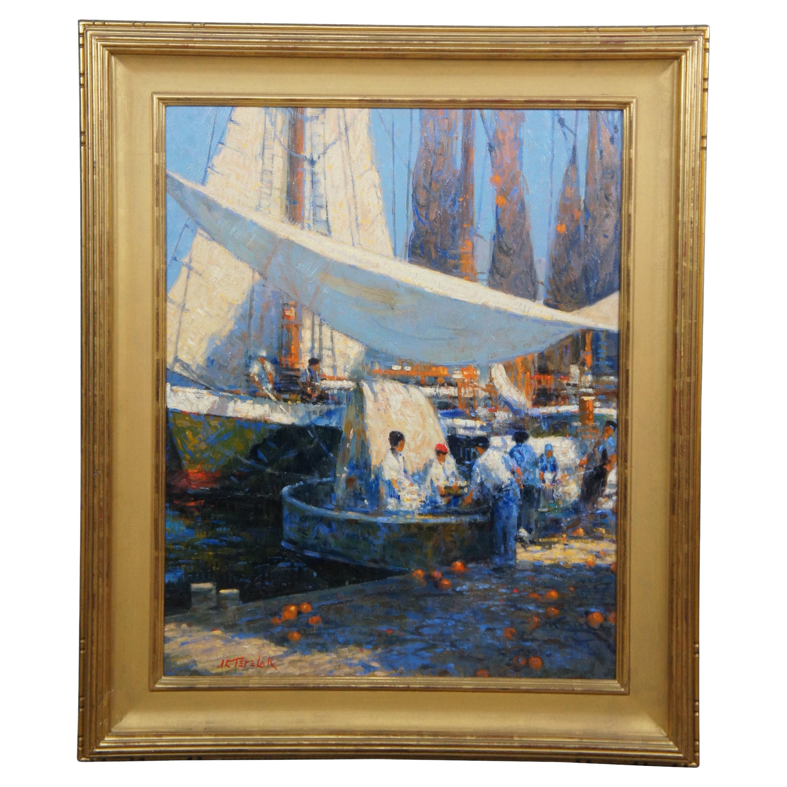 John Terelak 'Upland Game' Impressionist Oil Painting Dock Sailboats Harbor