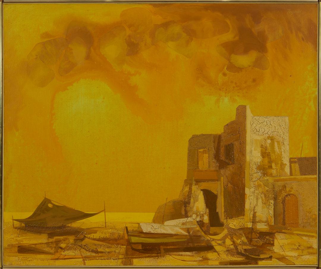 Fischerdorf, Sizilien, Dystopische surrealistische Landschaft, Künstler der Cleveland School – Painting von John Teyral