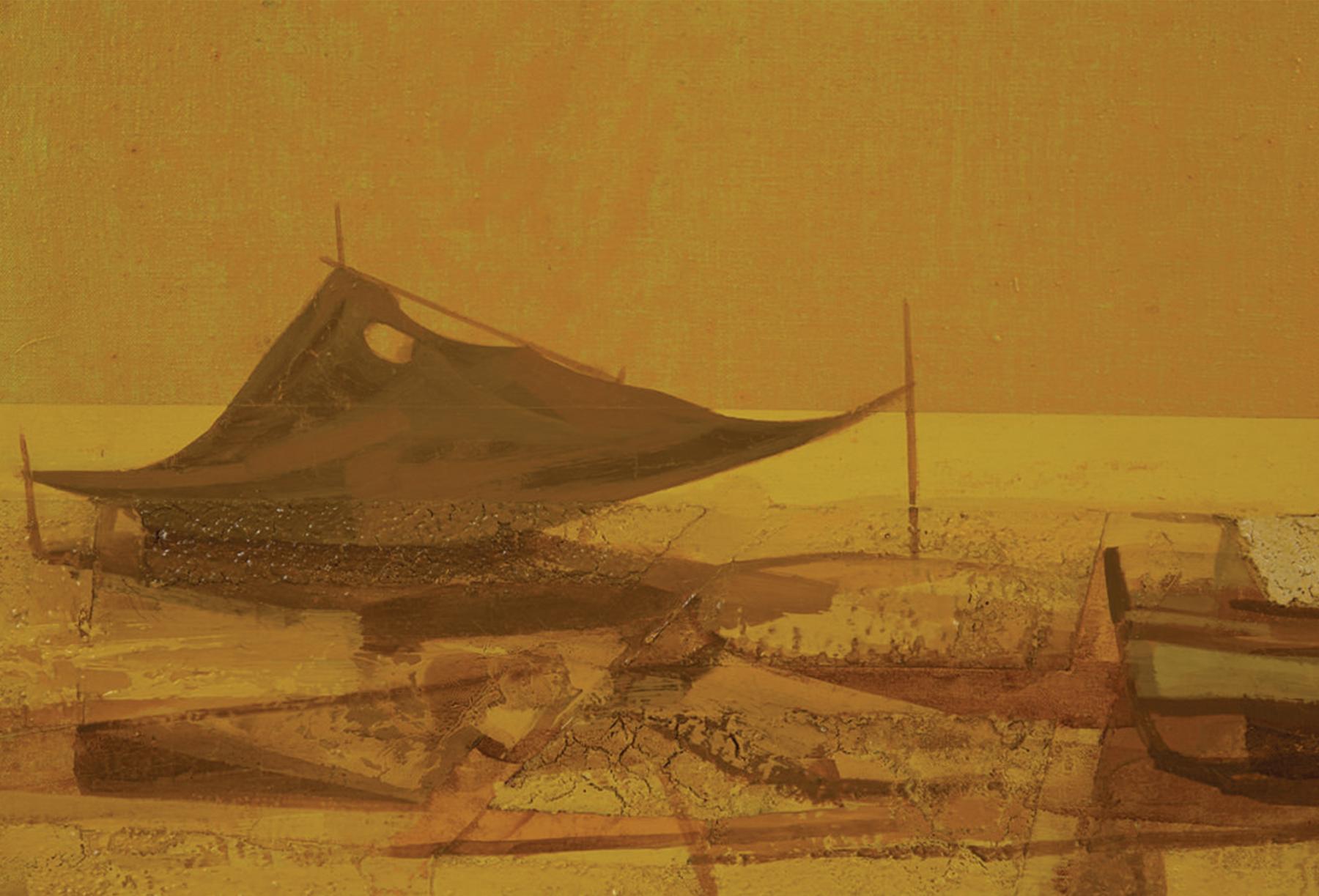 Fischerdorf, Sizilien, Dystopische surrealistische Landschaft, Künstler der Cleveland School (Braun), Figurative Painting, von John Teyral