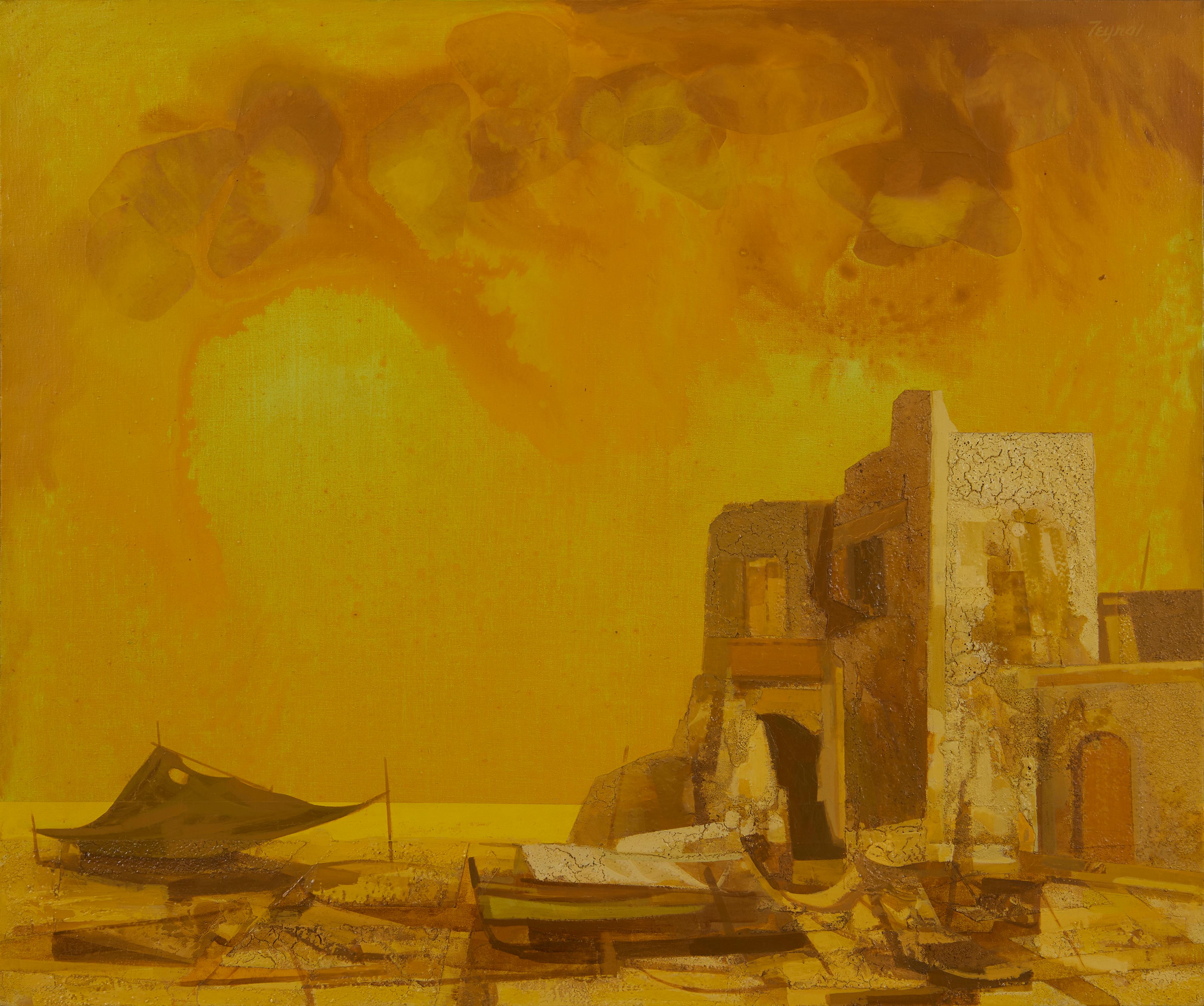 Village de pêcheurs, Sicile, paysage surréaliste dystopique, artiste de l'école de Cleveland