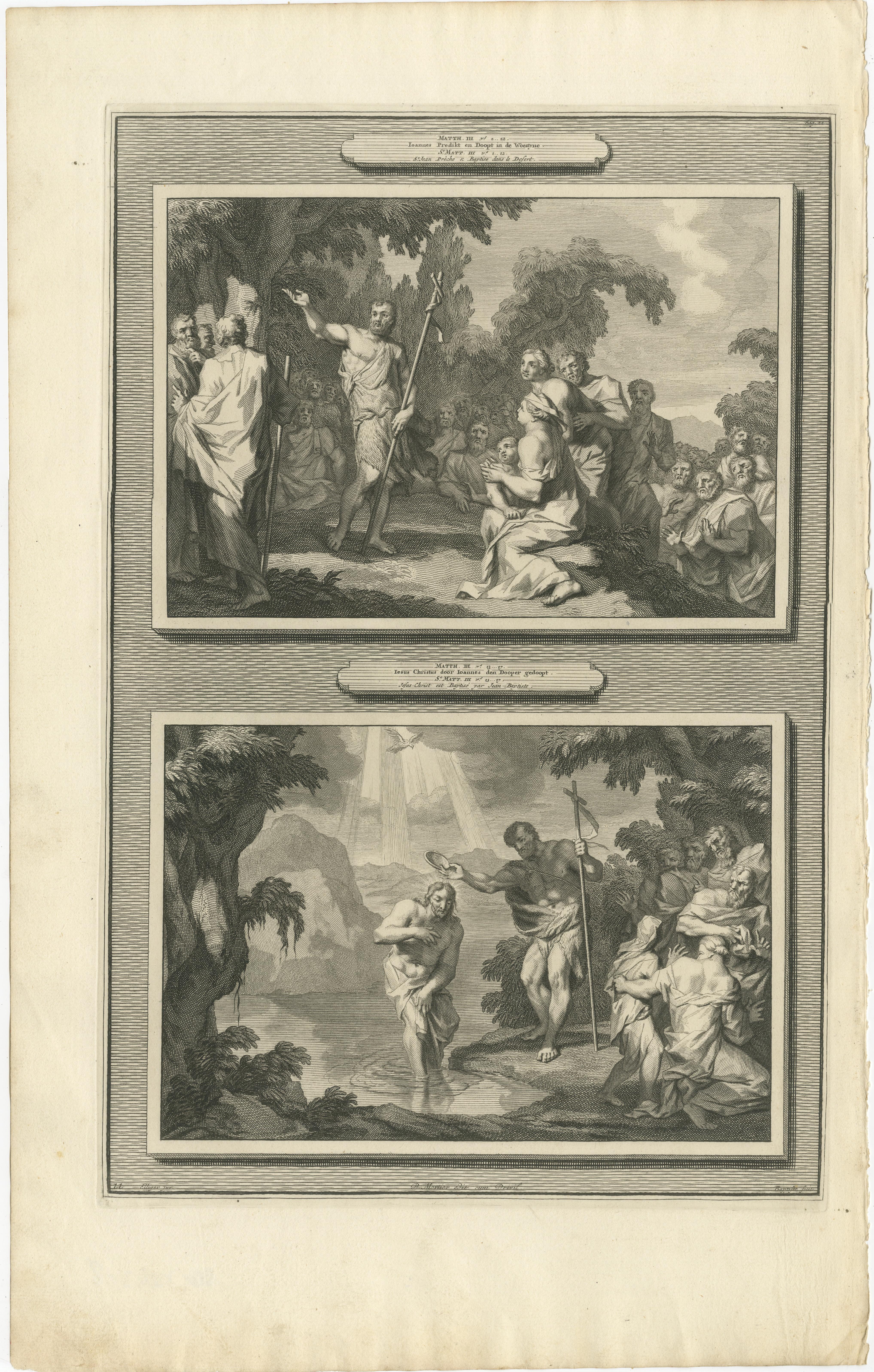 Johannes der Täufer, Predigt und Taufe Christi, Pieter Mortier, ca. 1700

Antiker Originalstich aus Histoire du Vieux et du Nouveau Testament, veröffentlicht in Amsterdam von Pieter Mortier um 1700. Die Tafel illustriert zwei Schlüsselereignisse aus