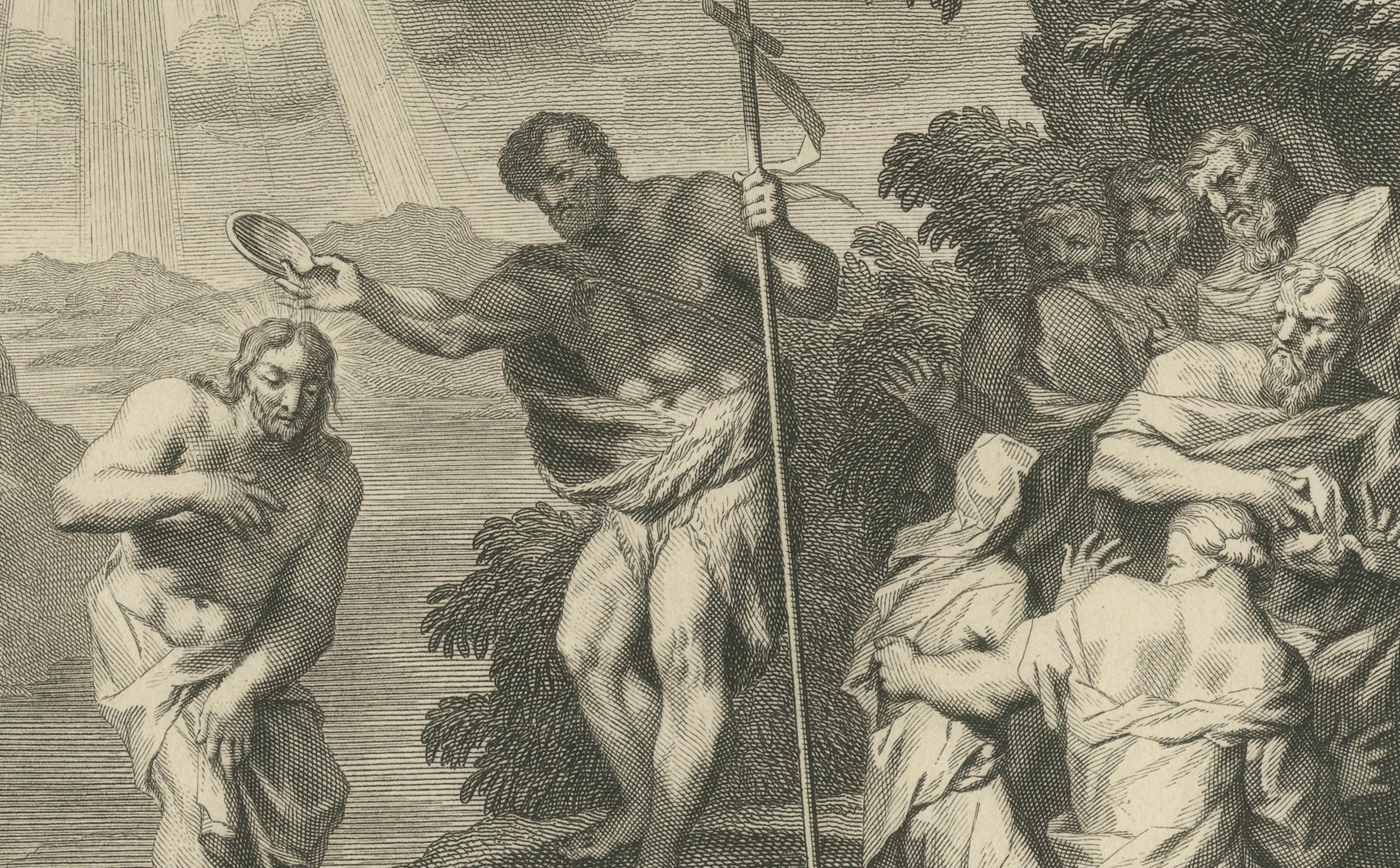 Johannes der Täufer und die Taufe Christi - Pieter Mortier Kupferstich, ca.1700 (Graviert) im Angebot