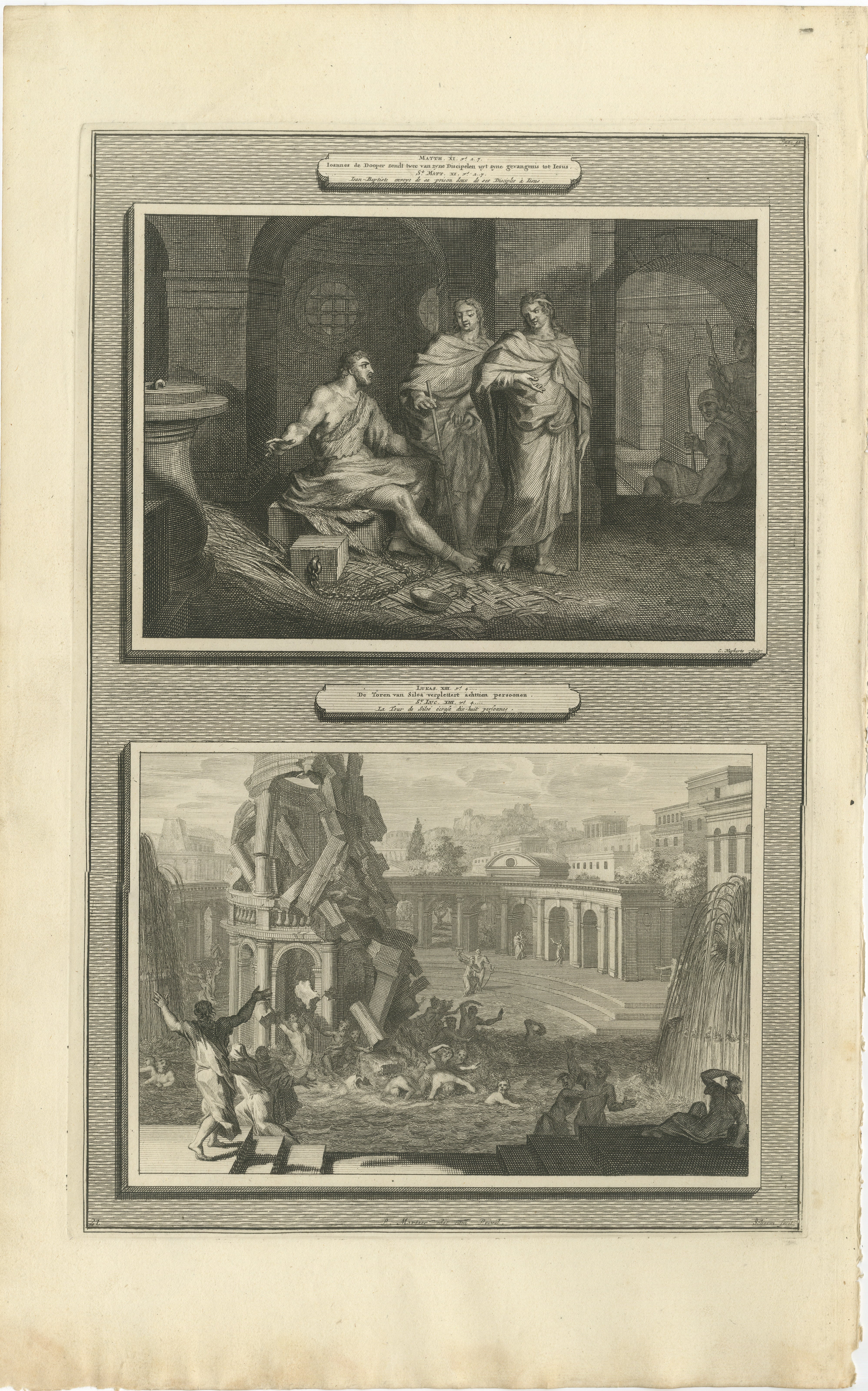 Johannes der Täufer im Gefängnis und der Fall des Turms von Siloam, Pieter Mortier, ca. 1700

Antiker Originalstich aus Histoire du Vieux et du Nouveau Testament, veröffentlicht in Amsterdam von Pieter Mortier um 1700. Diese Platte zeigt zwei