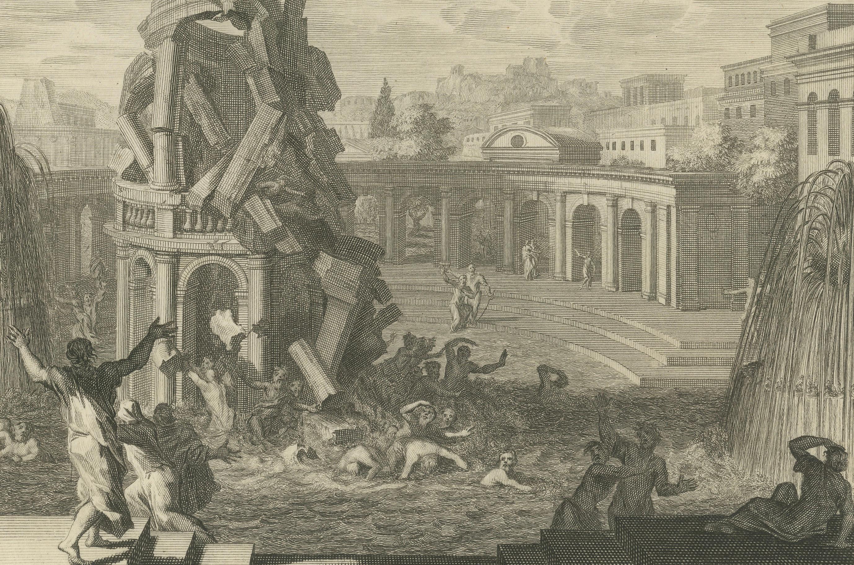 Johannes der Täufer im Gefängnis und der Fall des Turms von Siloam, Pieter Mortier, um 1700 (Graviert) im Angebot
