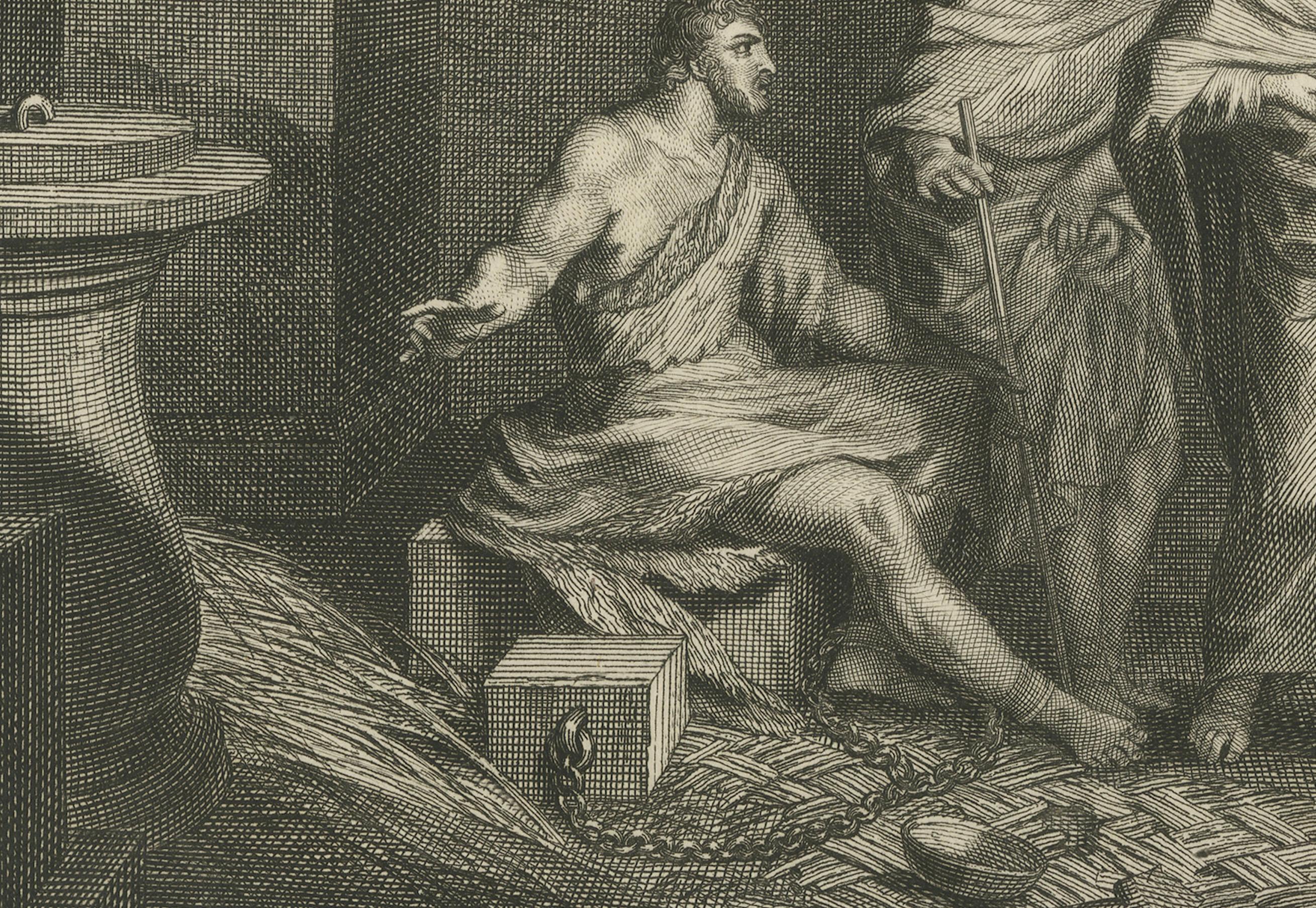 Johannes der Täufer im Gefängnis und der Fall des Turms von Siloam, Pieter Mortier, um 1700 (Frühes 18. Jahrhundert) im Angebot