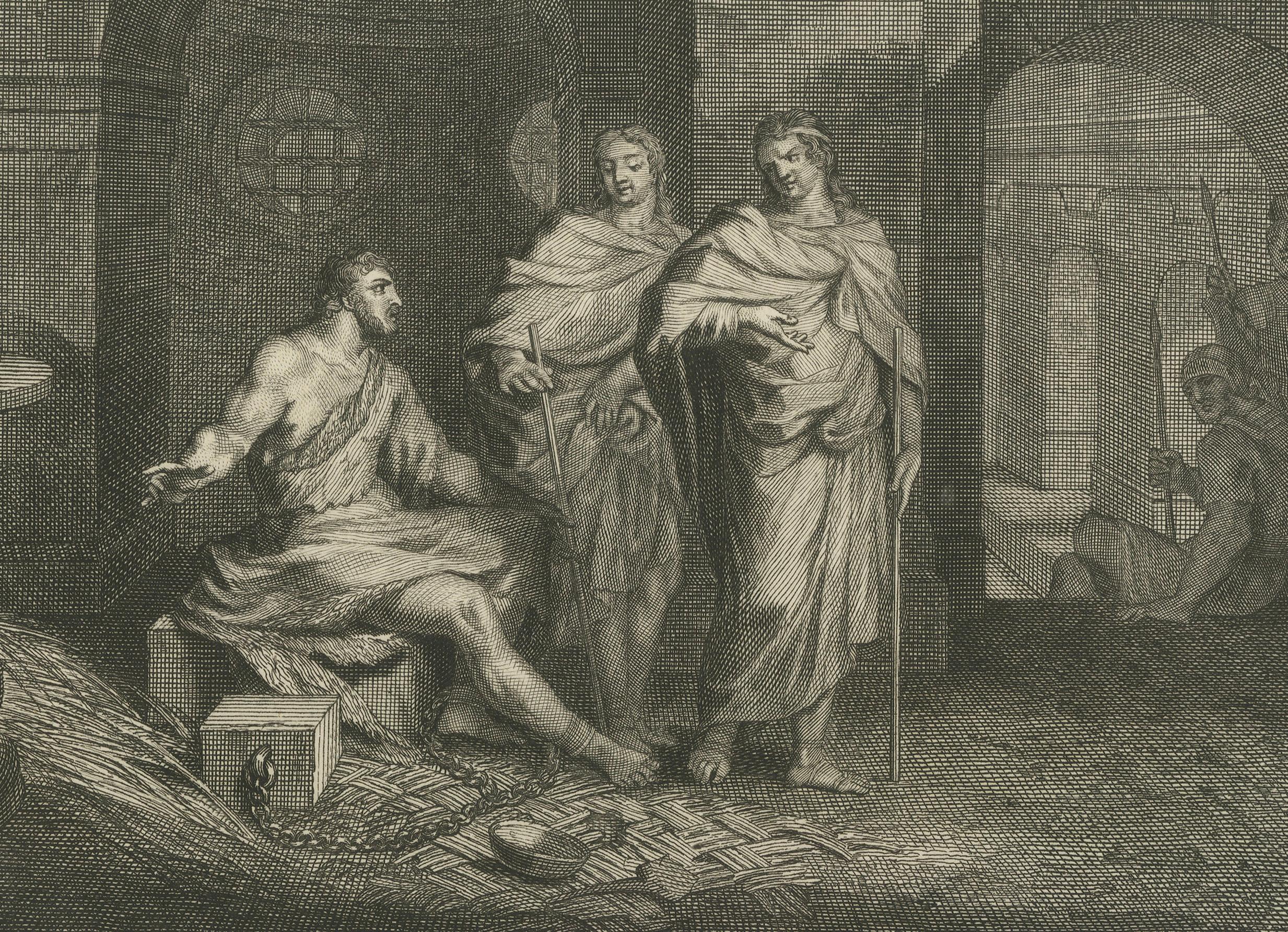 Johannes der Täufer im Gefängnis und der Fall des Turms von Siloam, Pieter Mortier, um 1700 (Papier) im Angebot