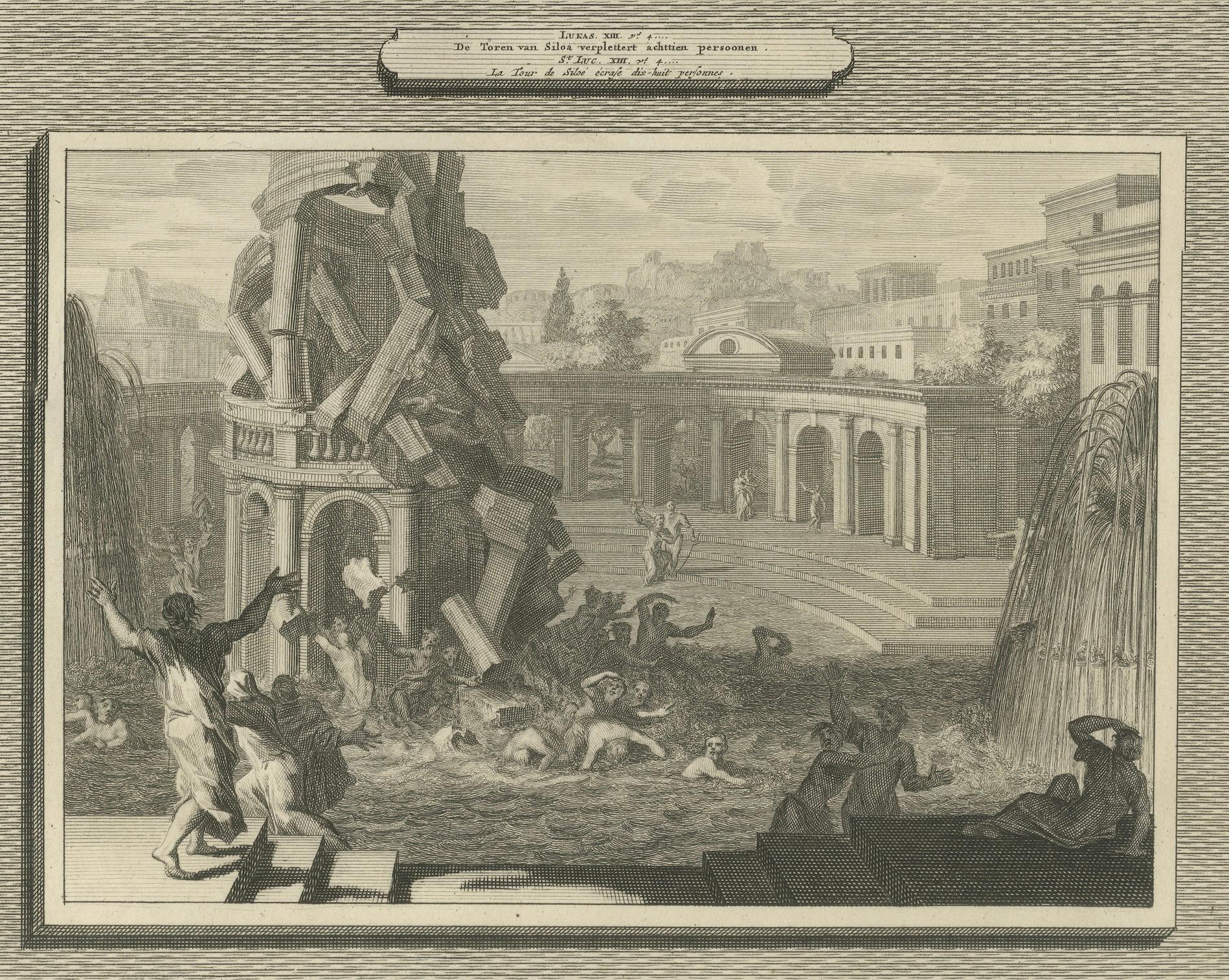 Johannes der Täufer im Gefängnis und der Fall des Turms von Siloam, Pieter Mortier, um 1700 im Angebot 1