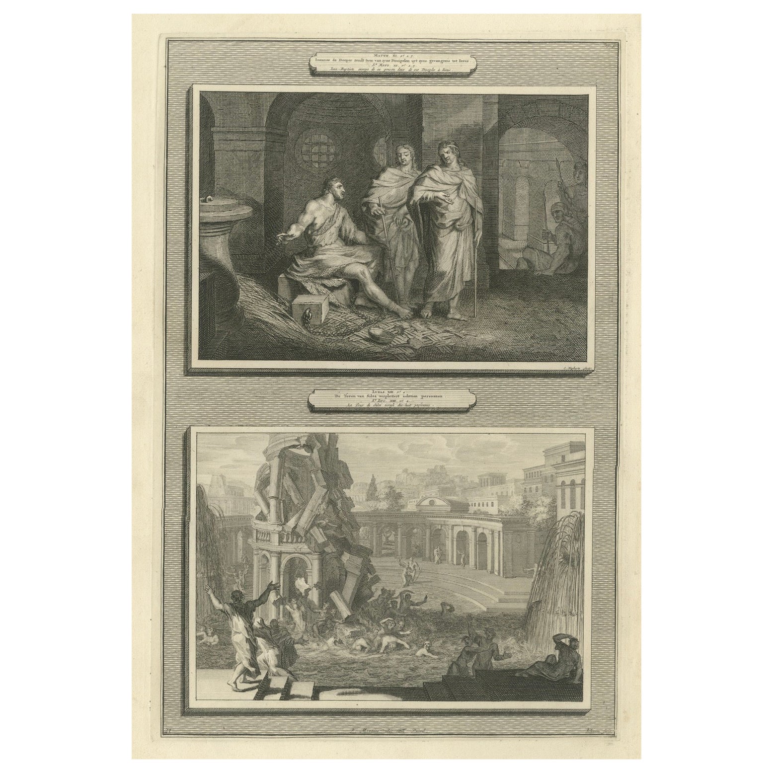 Johannes der Täufer im Gefängnis und der Fall des Turms von Siloam, Pieter Mortier, um 1700 im Angebot