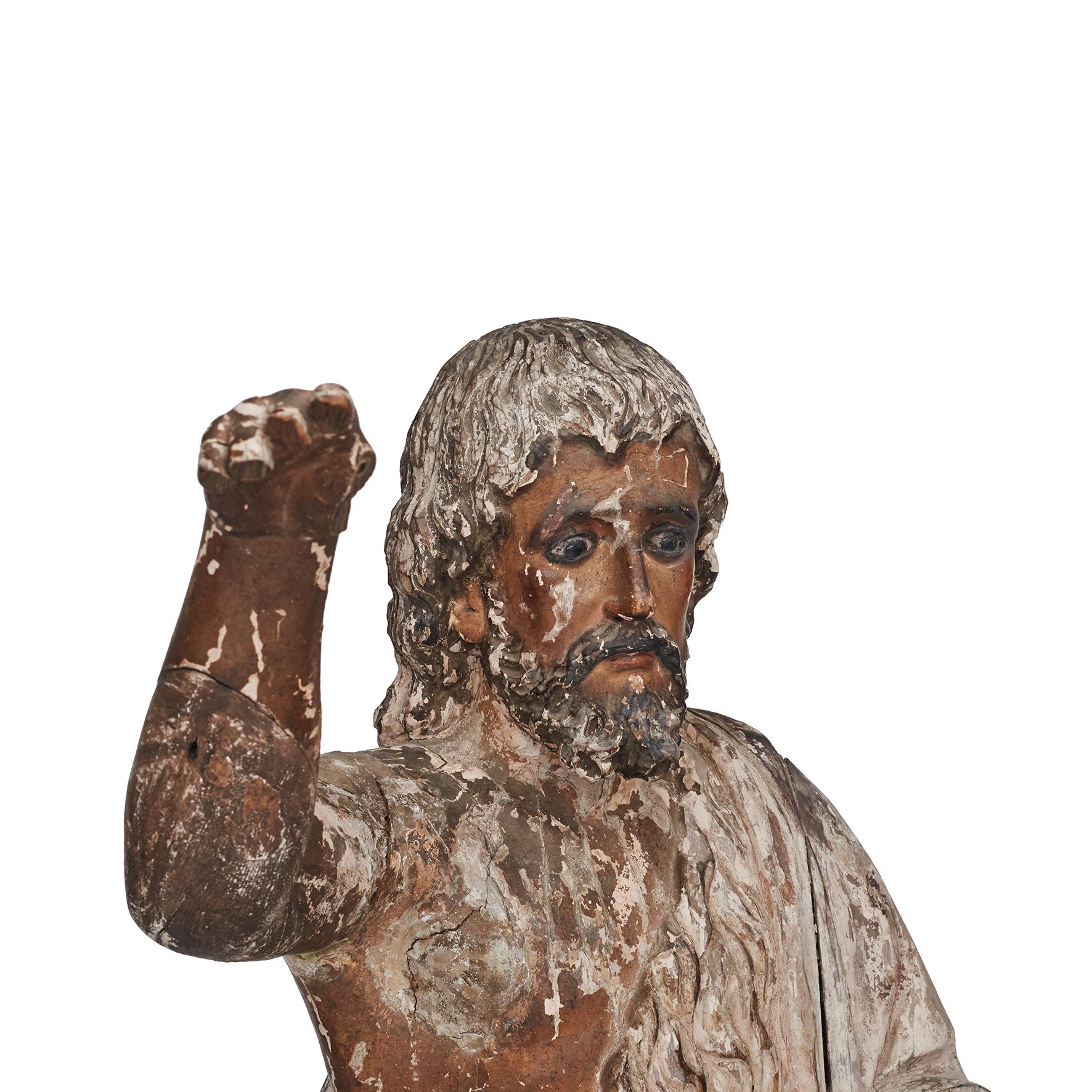 Figure baroque en bois sculpté représentant Jean le Baptiste (également appelé Johannes the Baptist) avec peinture polychrome d'origine. Hauteur : 152 cm.
Provient d'une cathédrale catholique des Philippines, C.I.C. 1750-1770.
Sculpté à la main