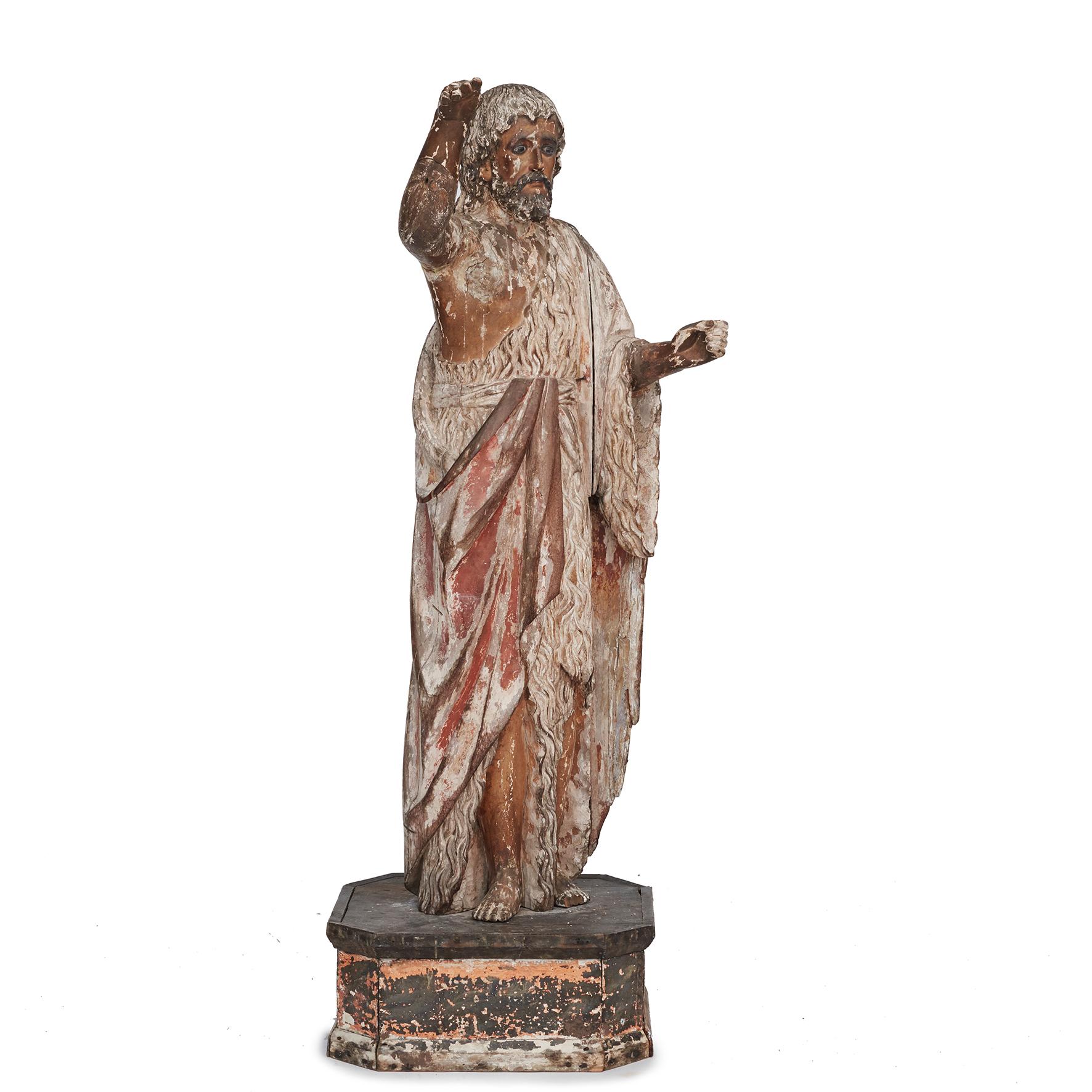 Peint à la main Grande figurine religieuse en bois « Jean le Baptiste »  en vente