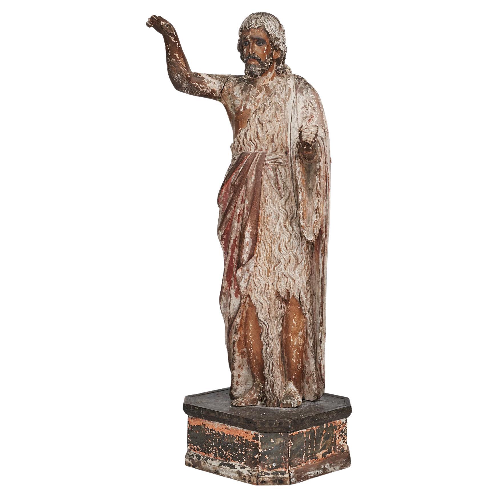 Grande figurine religieuse en bois « Jean le Baptiste »  en vente