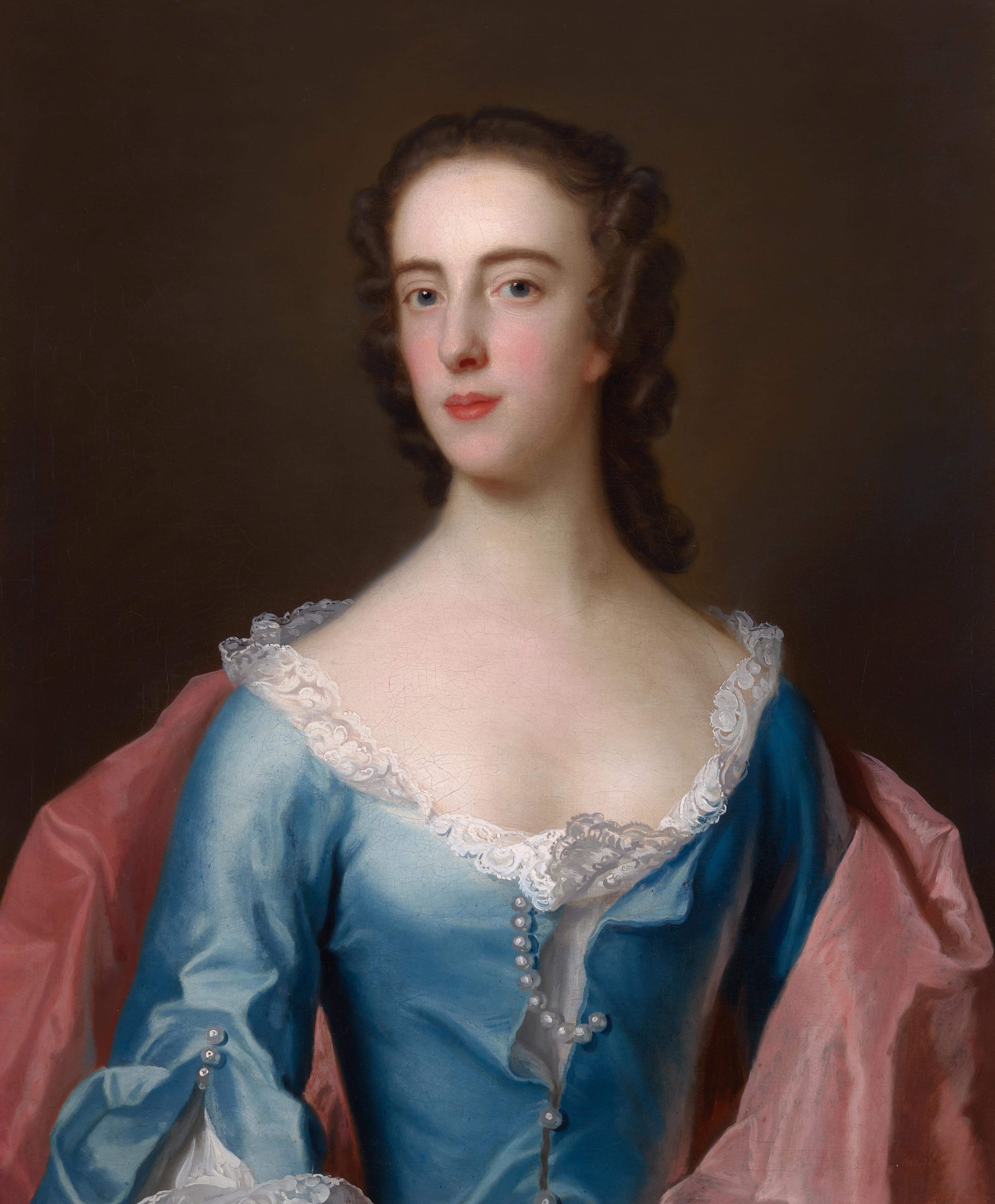 Retrato de una Dama, Dorothy Wood con Vestido Azul c.1750 pintura Marco Fino Tallado - Painting Antiguos maestros de John Theodore Heins