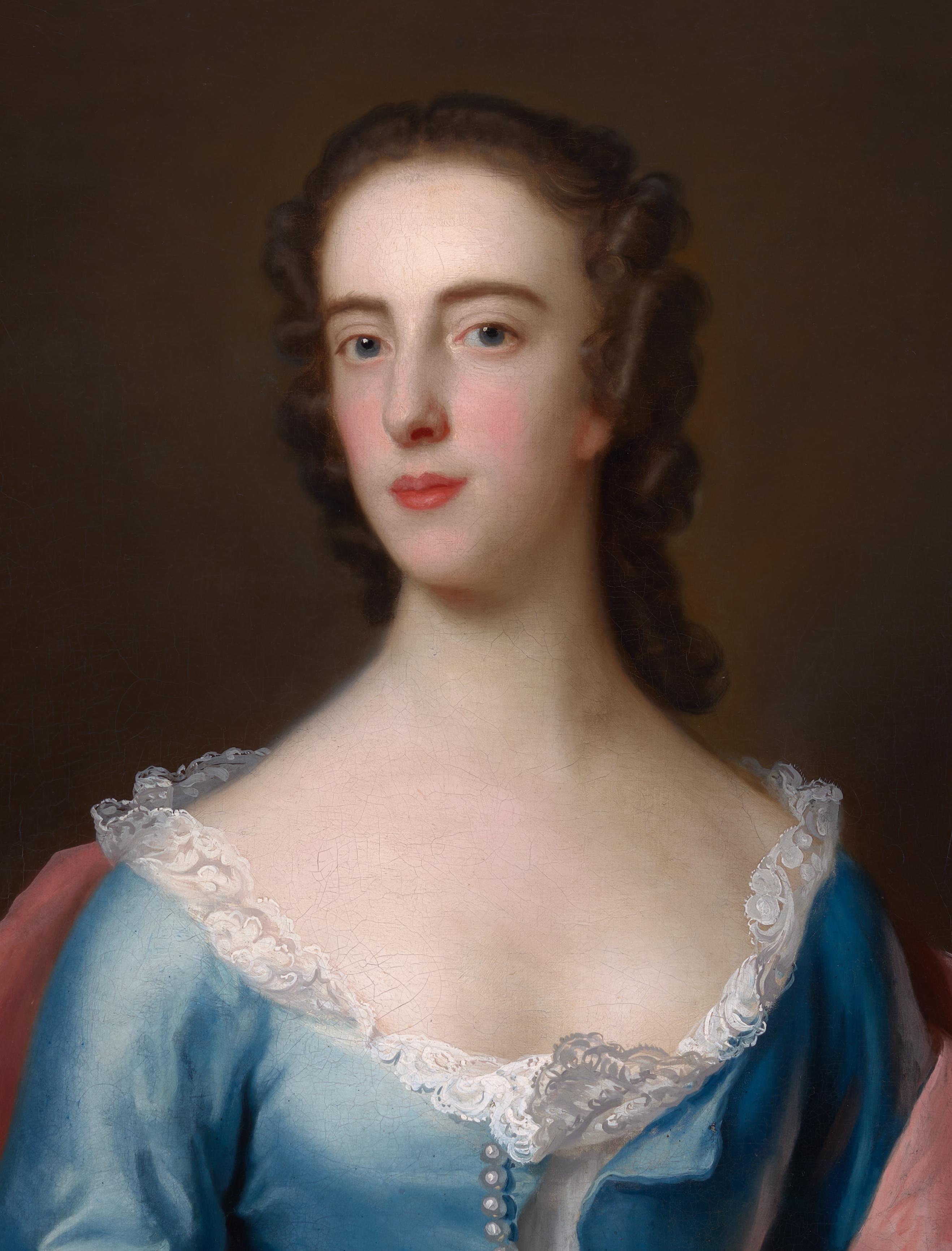 Retrato de una Dama, Dorothy Wood con Vestido Azul c.1750 pintura Marco Fino Tallado - Portrait Painting Marrón de John Theodore Heins