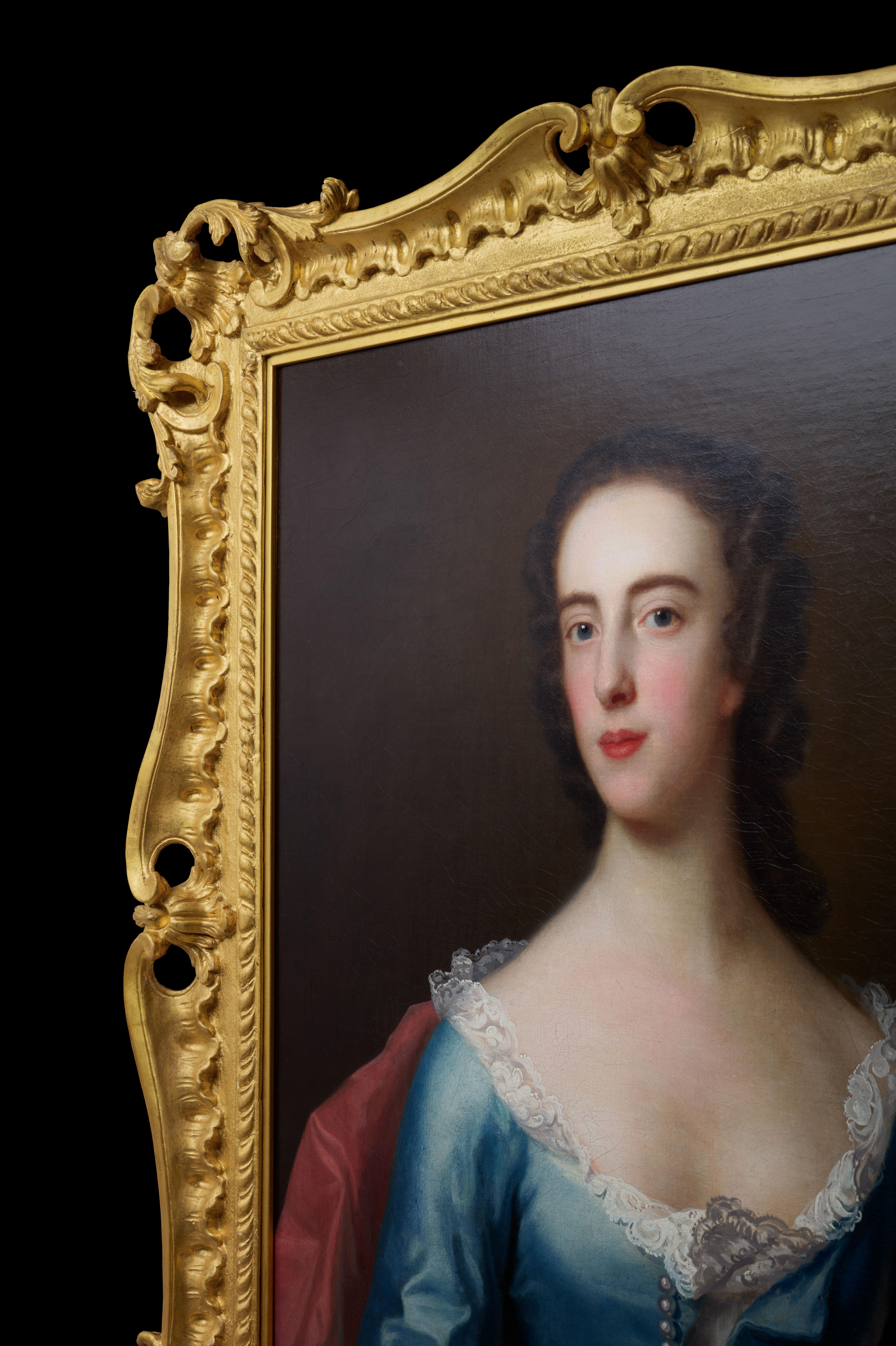 Retrato de una Dama, Dorothy Wood con Vestido Azul c.1750 pintura Marco Fino Tallado 4