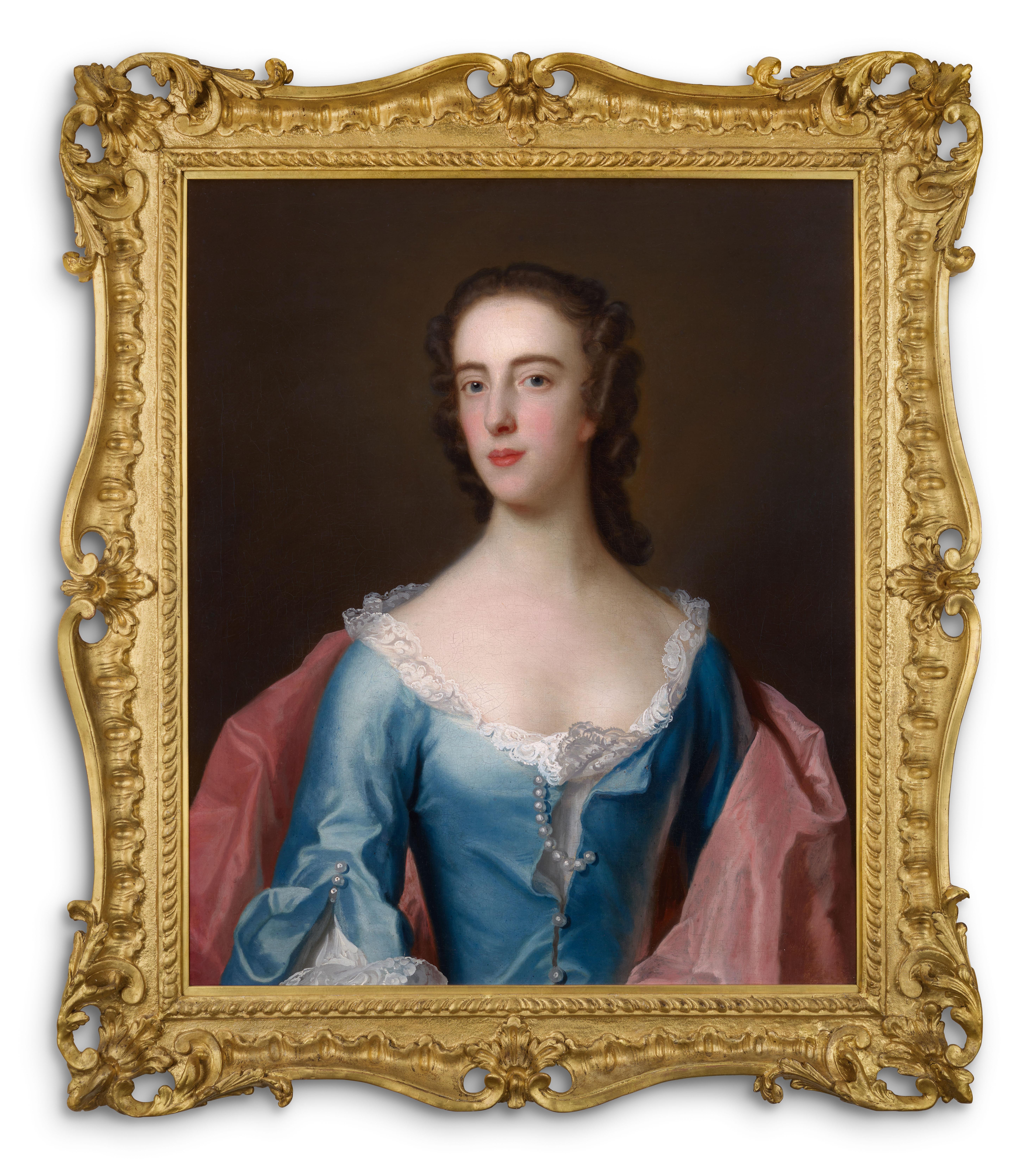 Portrait Painting de John Theodore Heins - Retrato de una Dama, Dorothy Wood con Vestido Azul c.1750 pintura Marco Fino Tallado