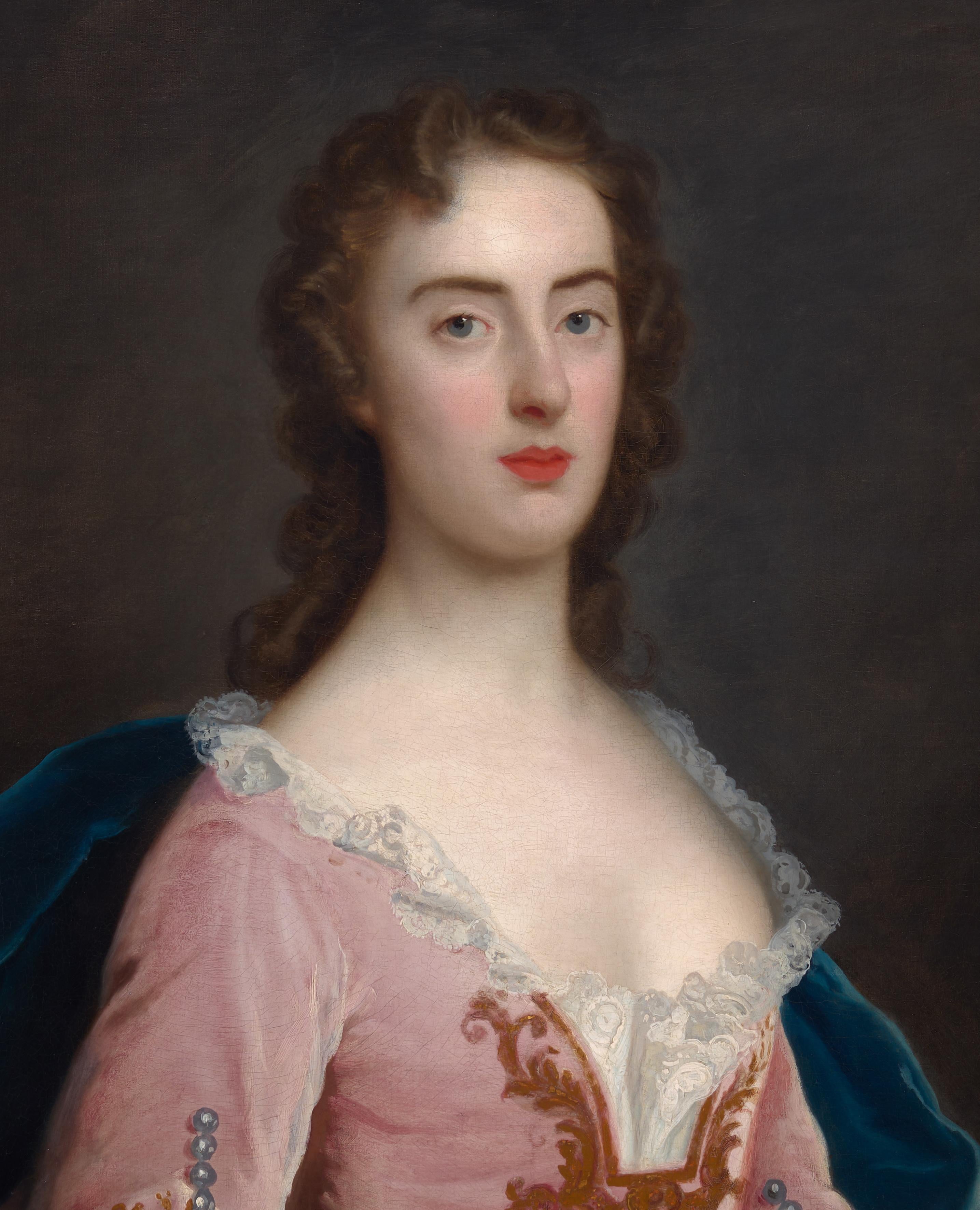 John Theodore Heins Portrait d une femme Jane Wood en robe bleue vers 1750 cadre sculpte et dore en vente sur 1stDibs