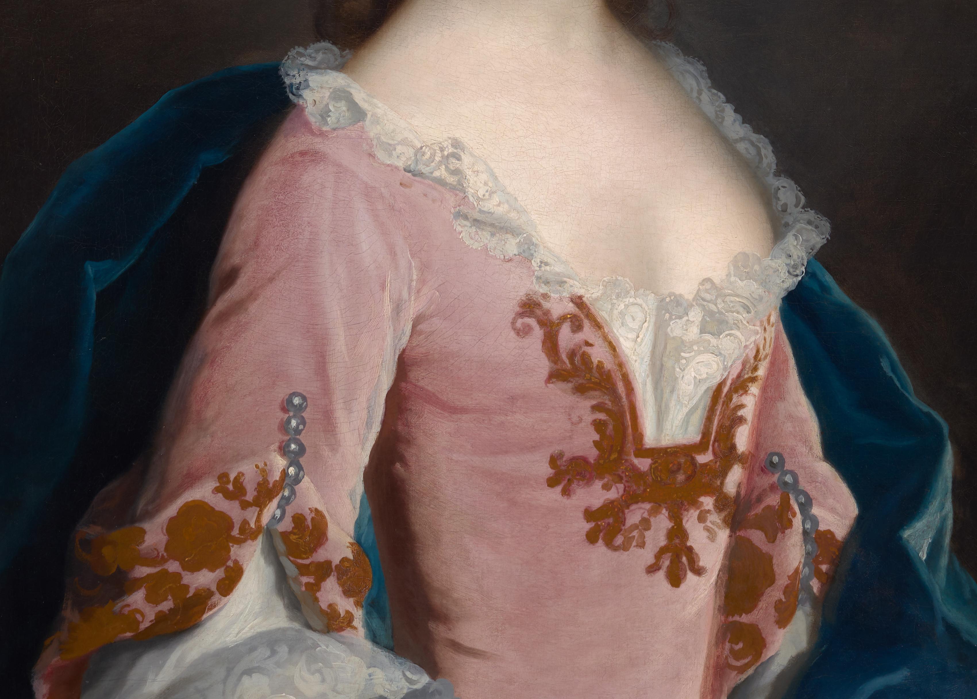 Portrait of a Lady Jane Wood in Pink Dress c.1750 oil painting Fine Carved Frame - Old Masters Painting by John Theodore Heins