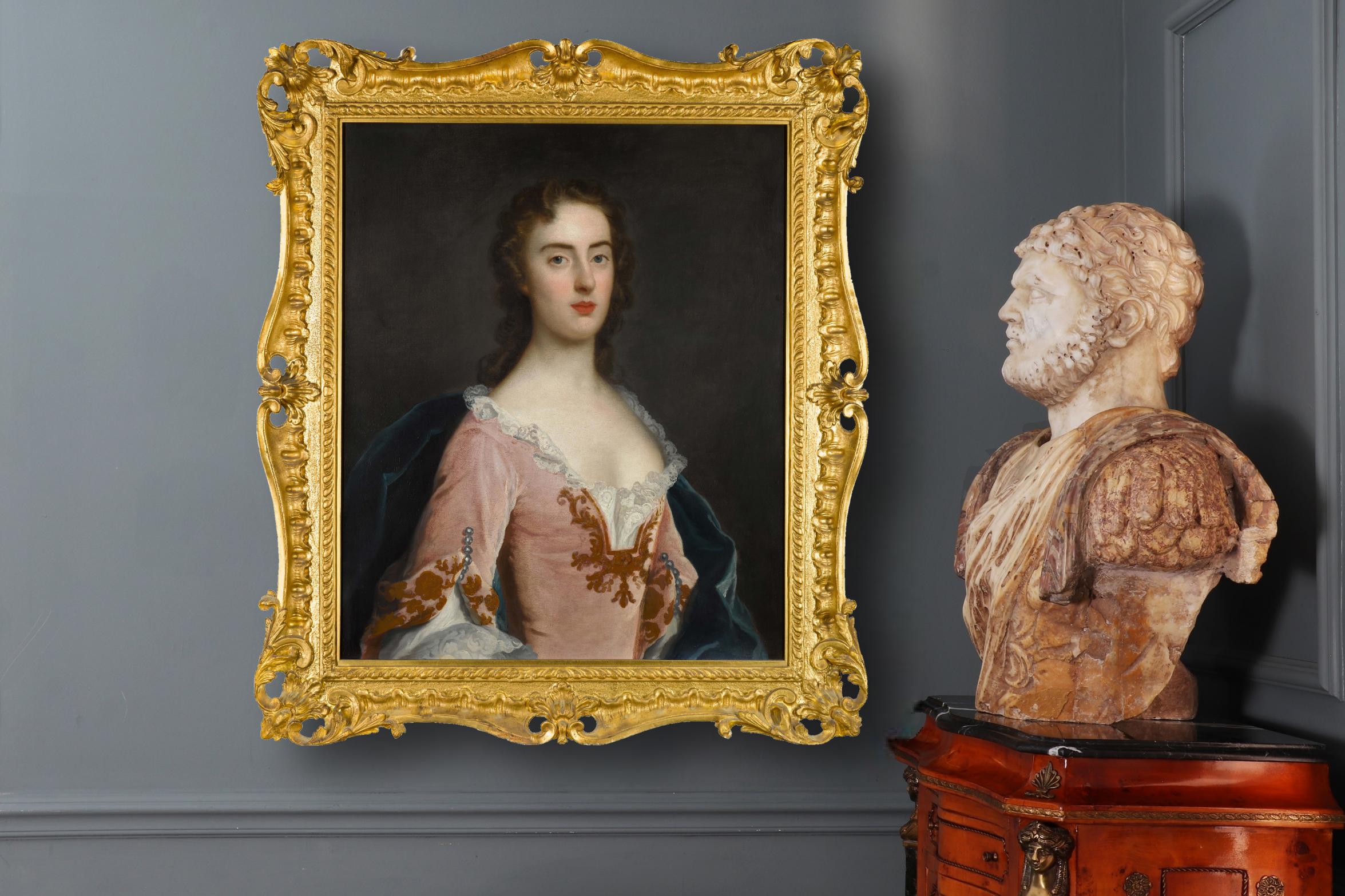 Portraits anglais de femmes, Dorothy et Jane Wood vers 1750, cadres sculptés remarquables - Maîtres anciens Art par John Theodore Heins