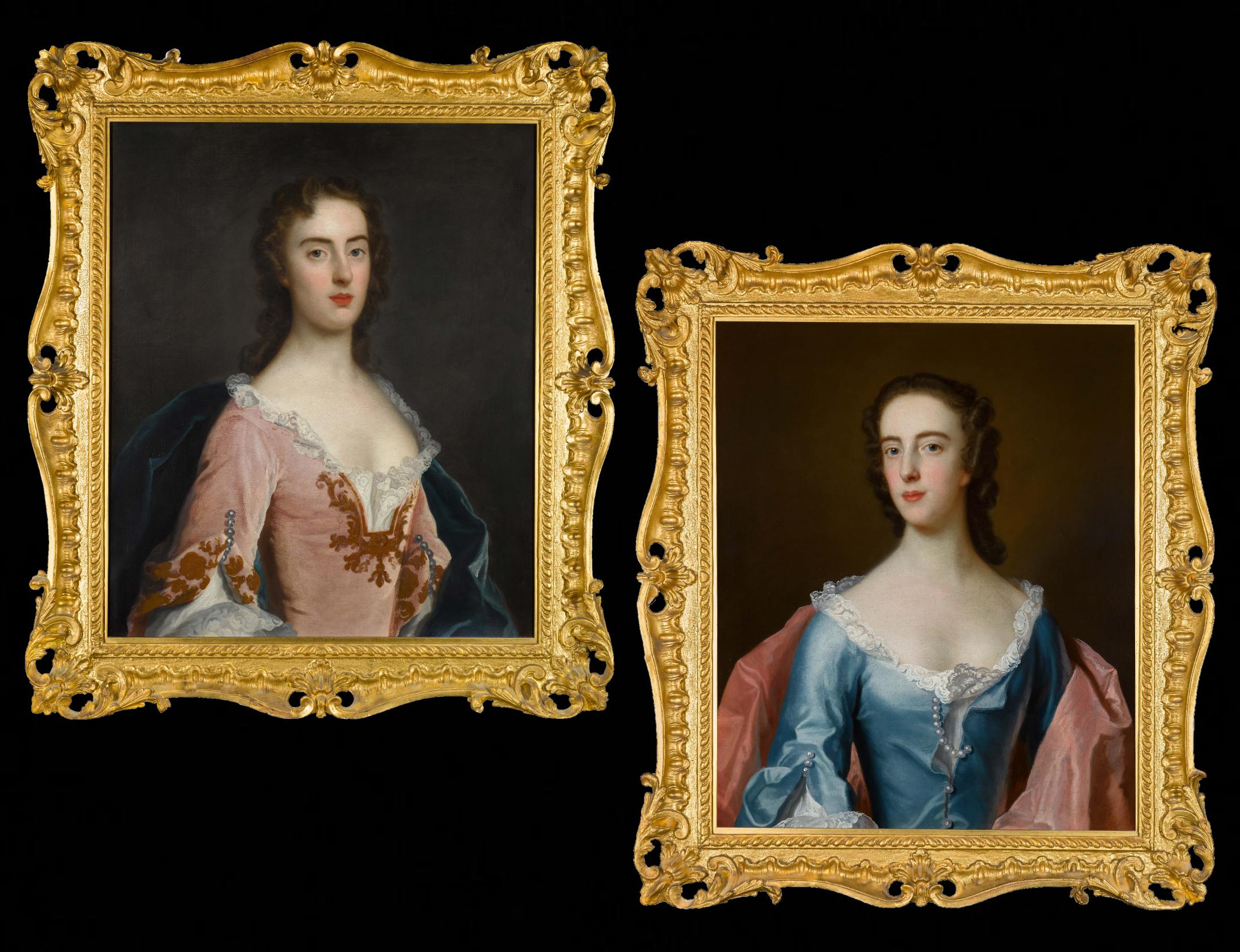 Englische Porträts der Dame, Dorothy & Jane Wood, um 1750, bemerkenswerte geschnitzte Rahmen – Art von John Theodore Heins