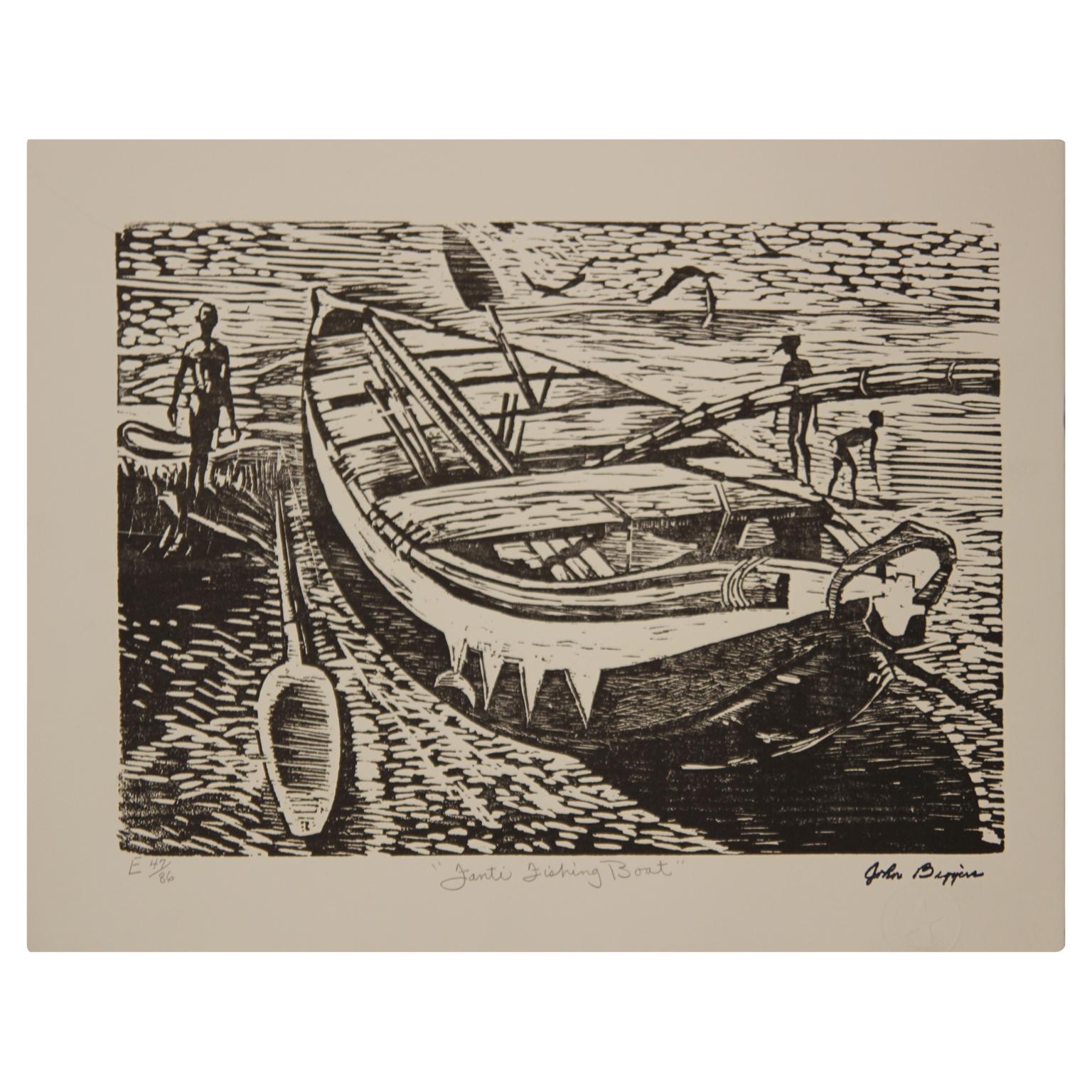 John Thomas Biggers Figurative Print – ""Fanti-Fischer Boot"" Moderner abstrakter figurativer Holzschnitt 47 von 86