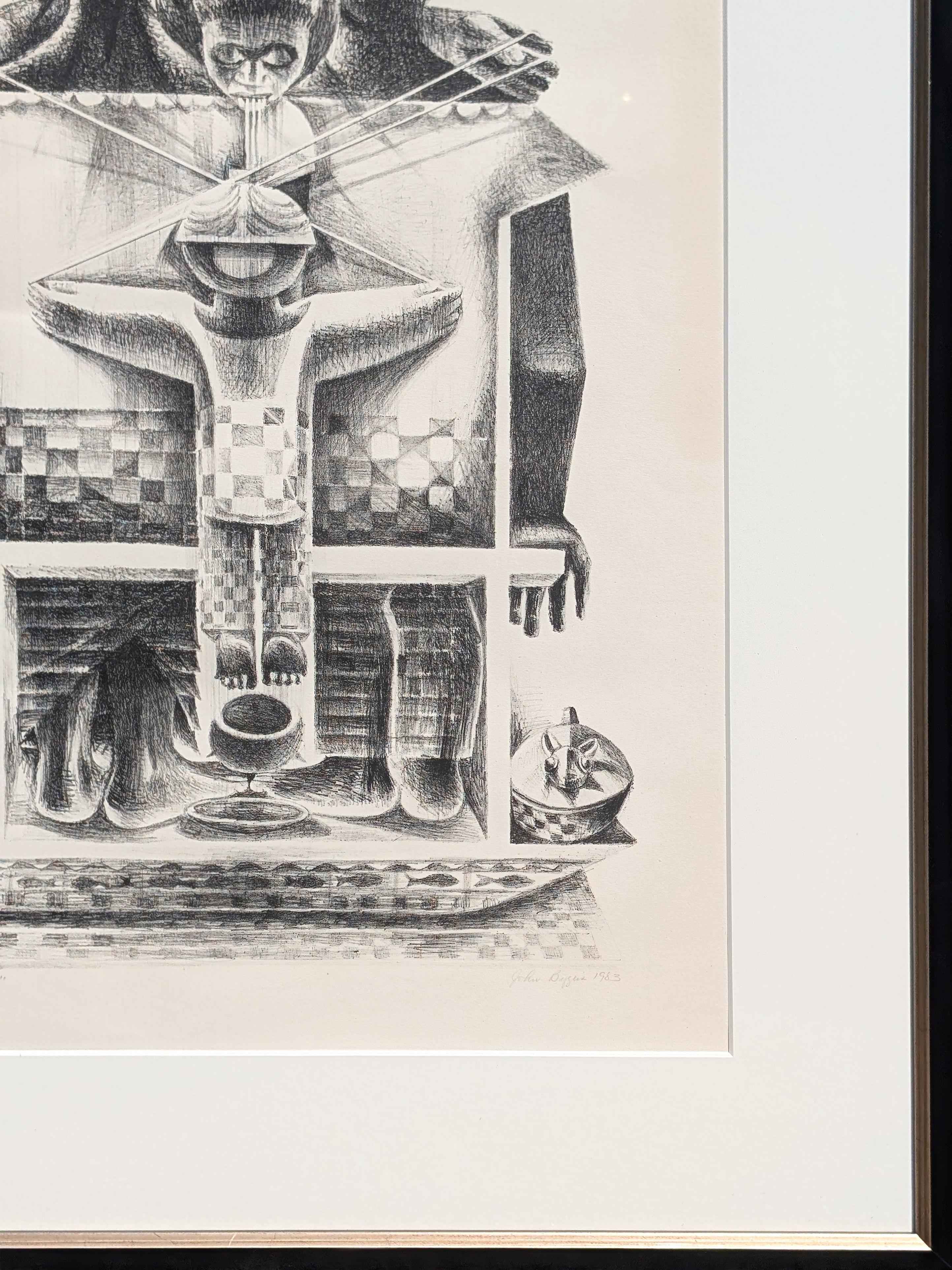 Litografia figurativa in bianco e nero del 1983 intitolata 