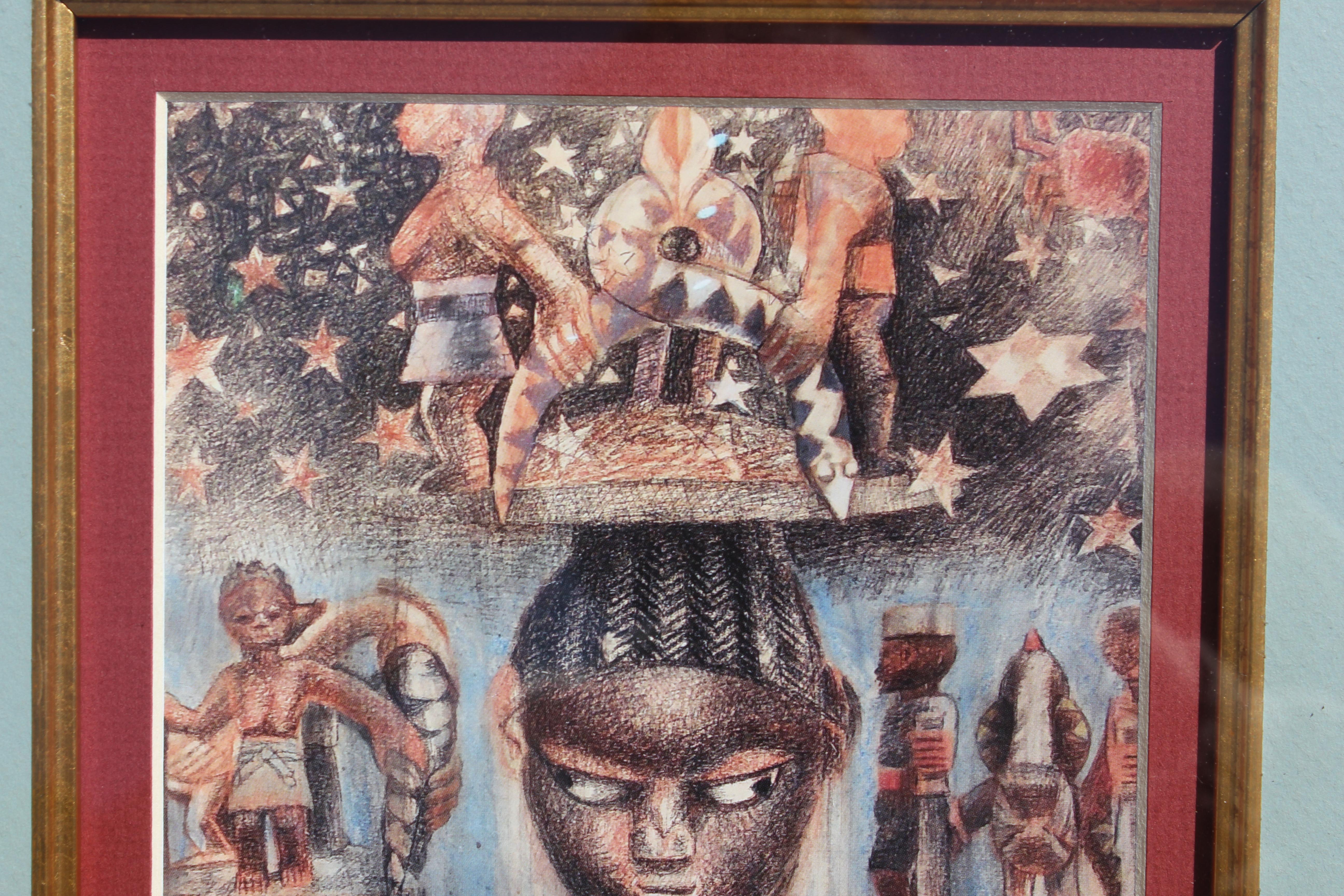 Surrealist Print with an African Imagery  - Brown Abstract Print by John Thomas Biggers