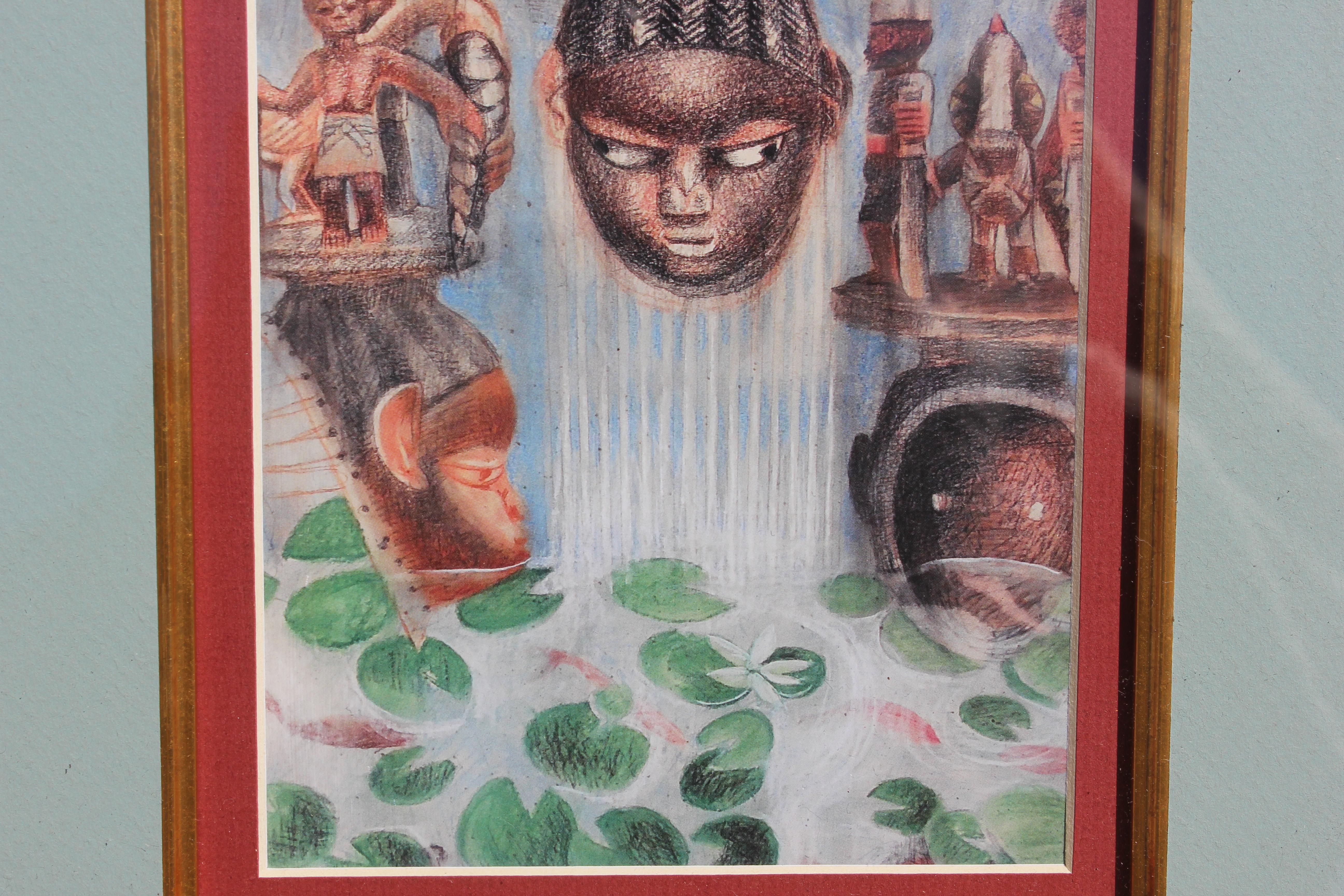 Surrealist print with African heads and other African themed imagery above a pond with lily pads. The print is framed in a decorative gold frame with a light blue matte. The print is not signed. 
Dimensions without frame: H 9 in x W 6 in. 

Artist