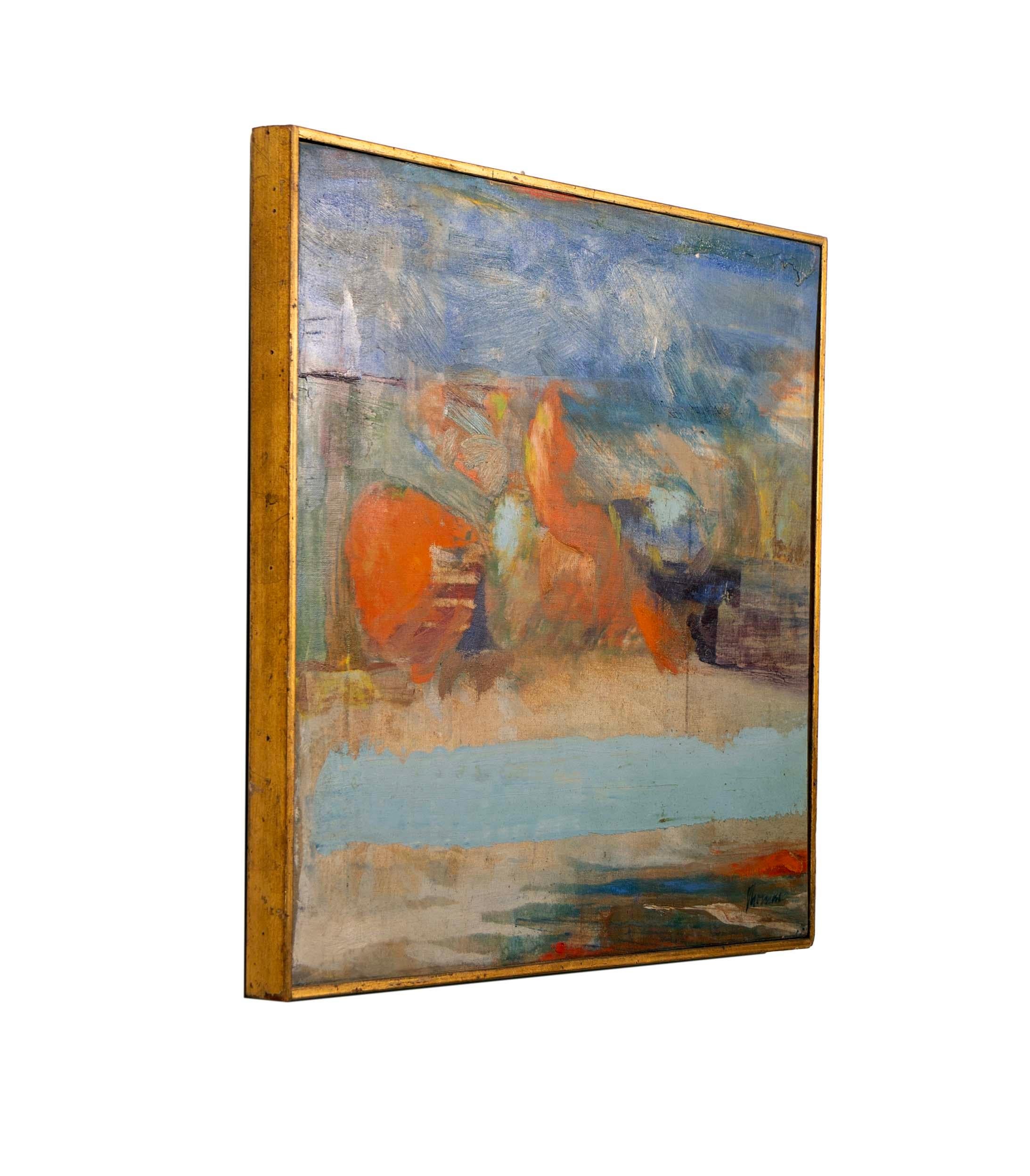 John Thomas Nature morte bleue et orange Signée Peinture à l'huile moderne sur toile 1958 en vente 3
