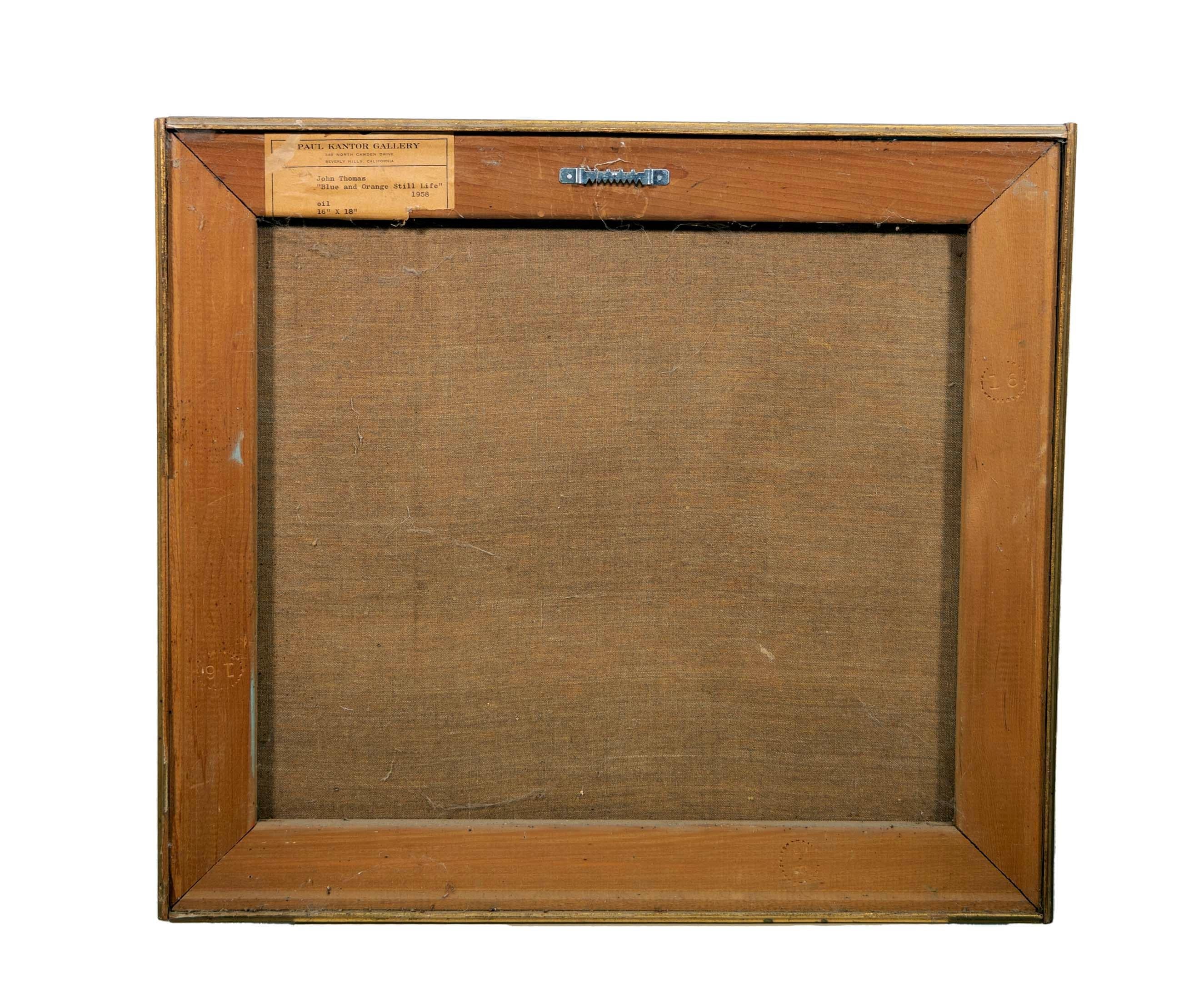 John Thomas Nature morte bleue et orange Signée Peinture à l'huile moderne sur toile 1958 en vente 4