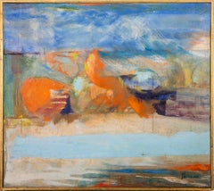 John Thomas Nature morte bleue et orange Signée Peinture à l'huile moderne sur toile 1958