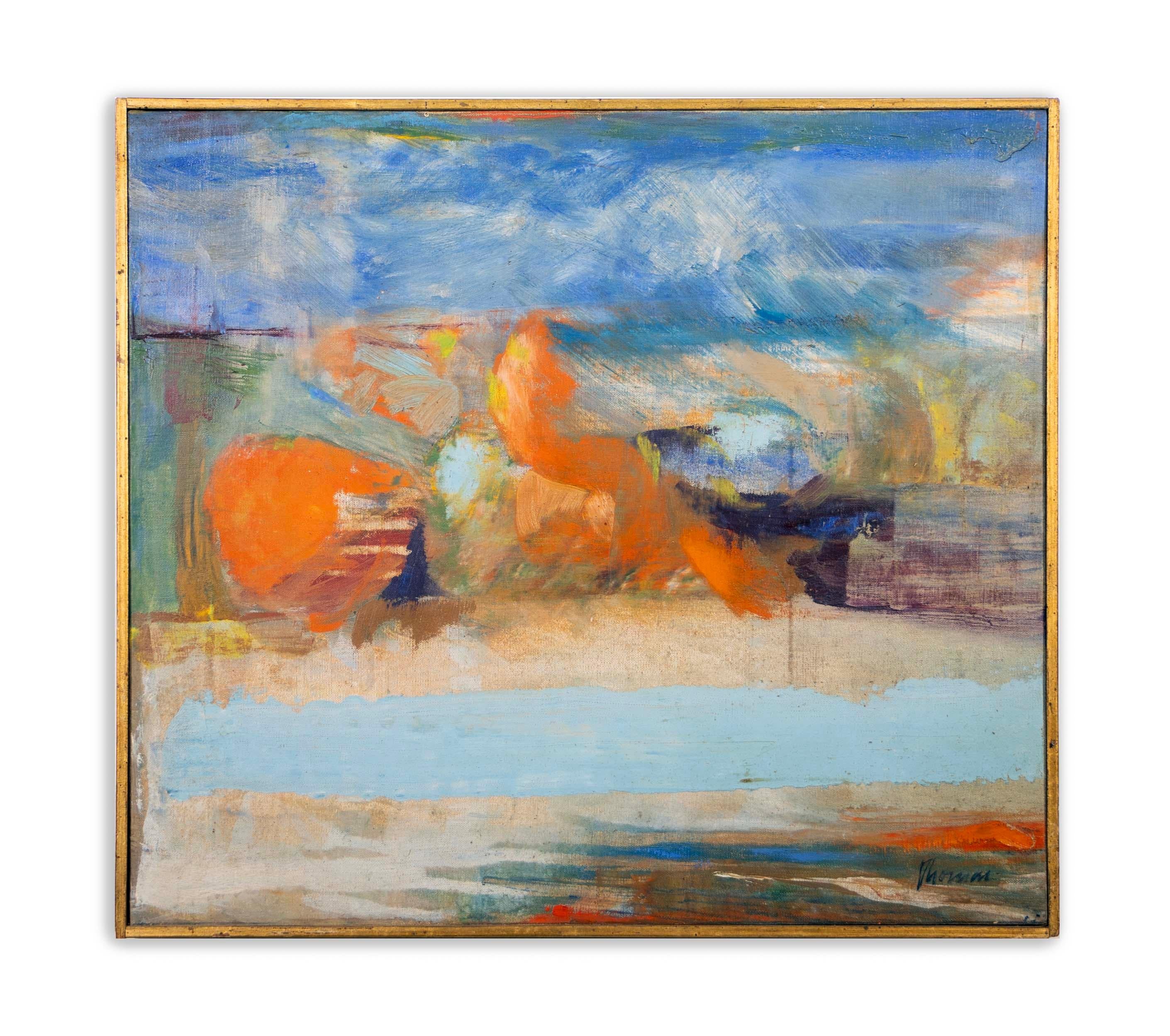 Expressionniste John Thomas Nature morte bleue et orange Signée Peinture à l'huile moderne sur toile 1958 en vente
