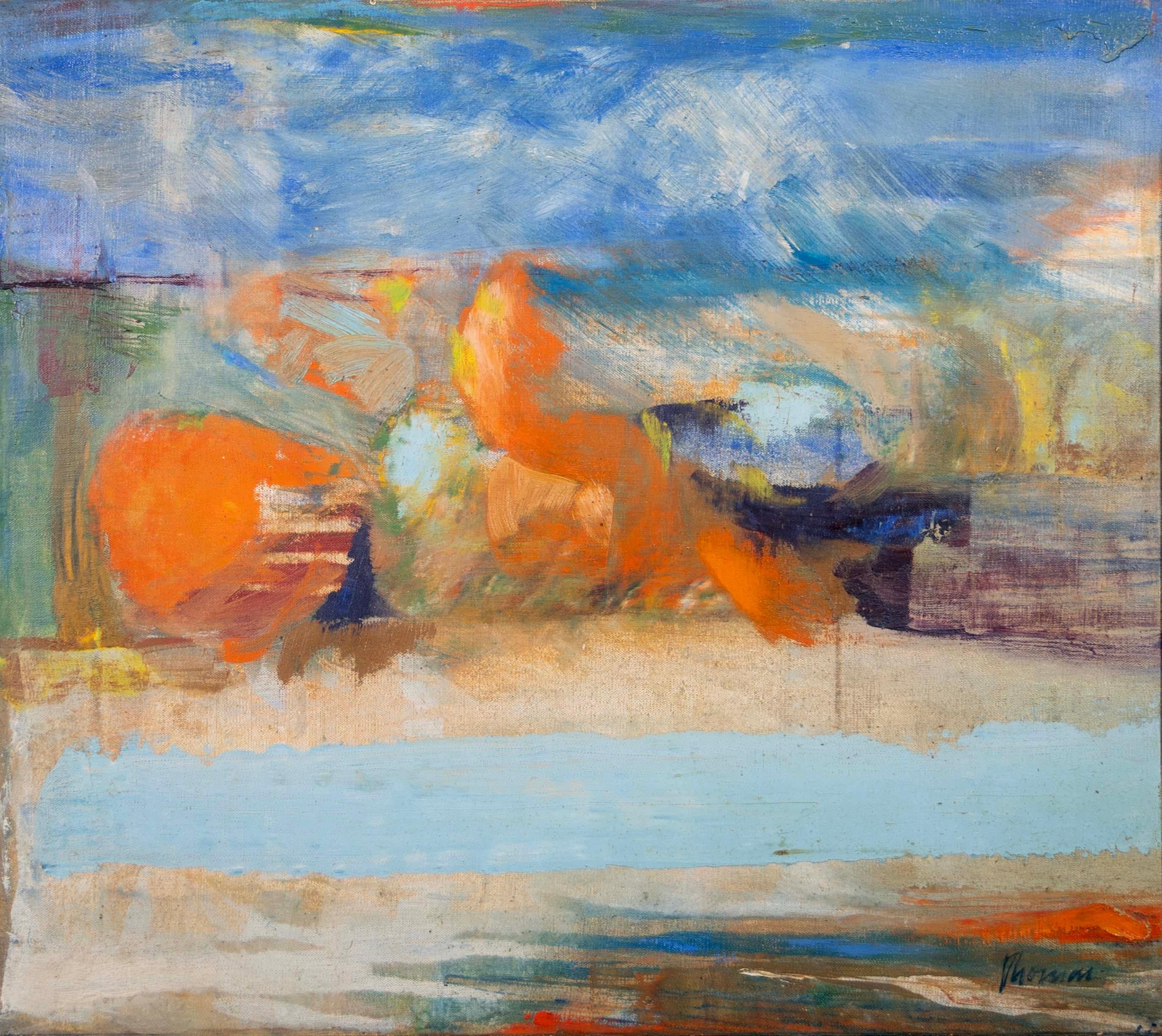 Américain John Thomas Nature morte bleue et orange Signée Peinture à l'huile moderne sur toile 1958 en vente