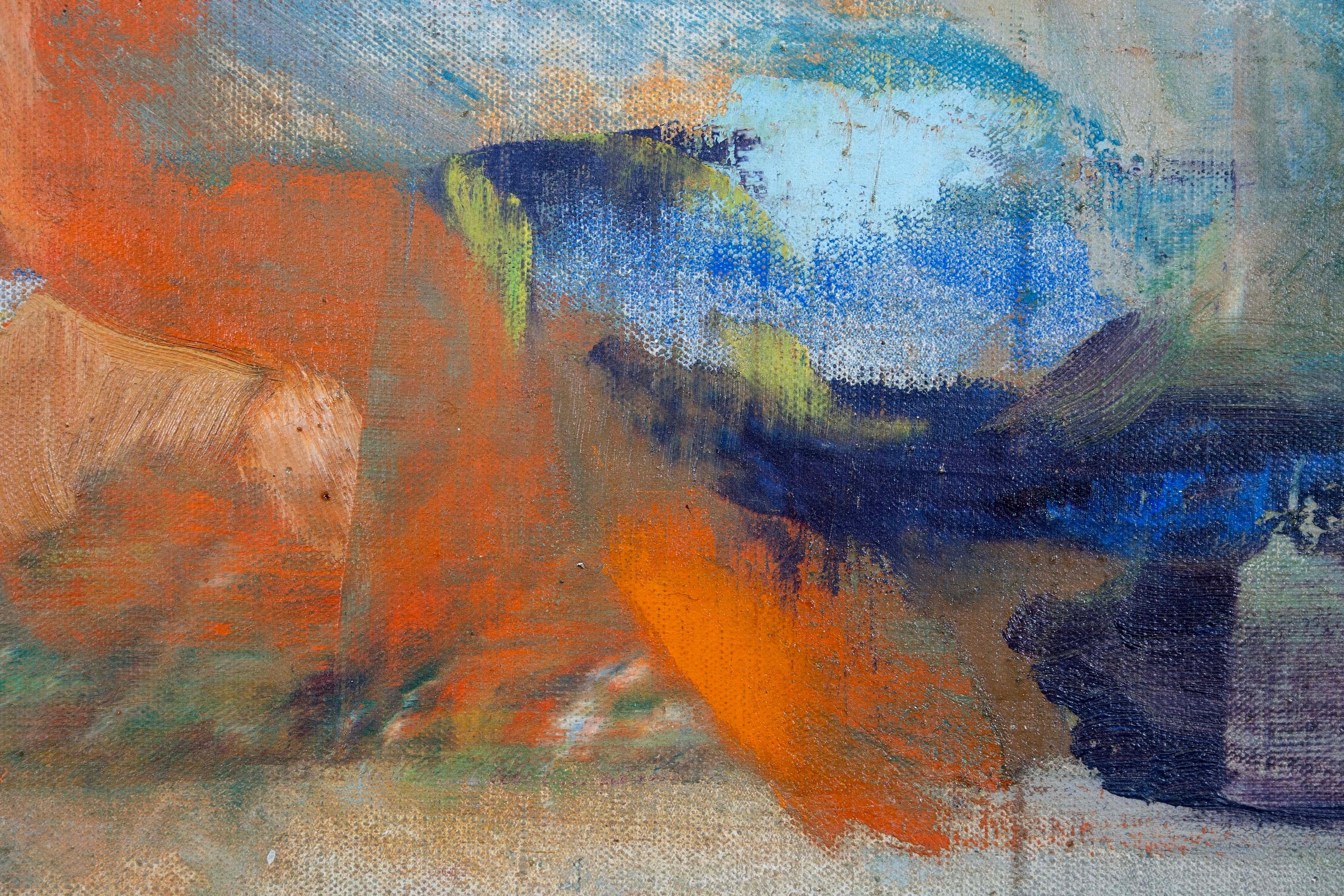 John Thomas Nature morte bleue et orange Signée Peinture à l'huile moderne sur toile 1958 Bon état - En vente à Keego Harbor, MI