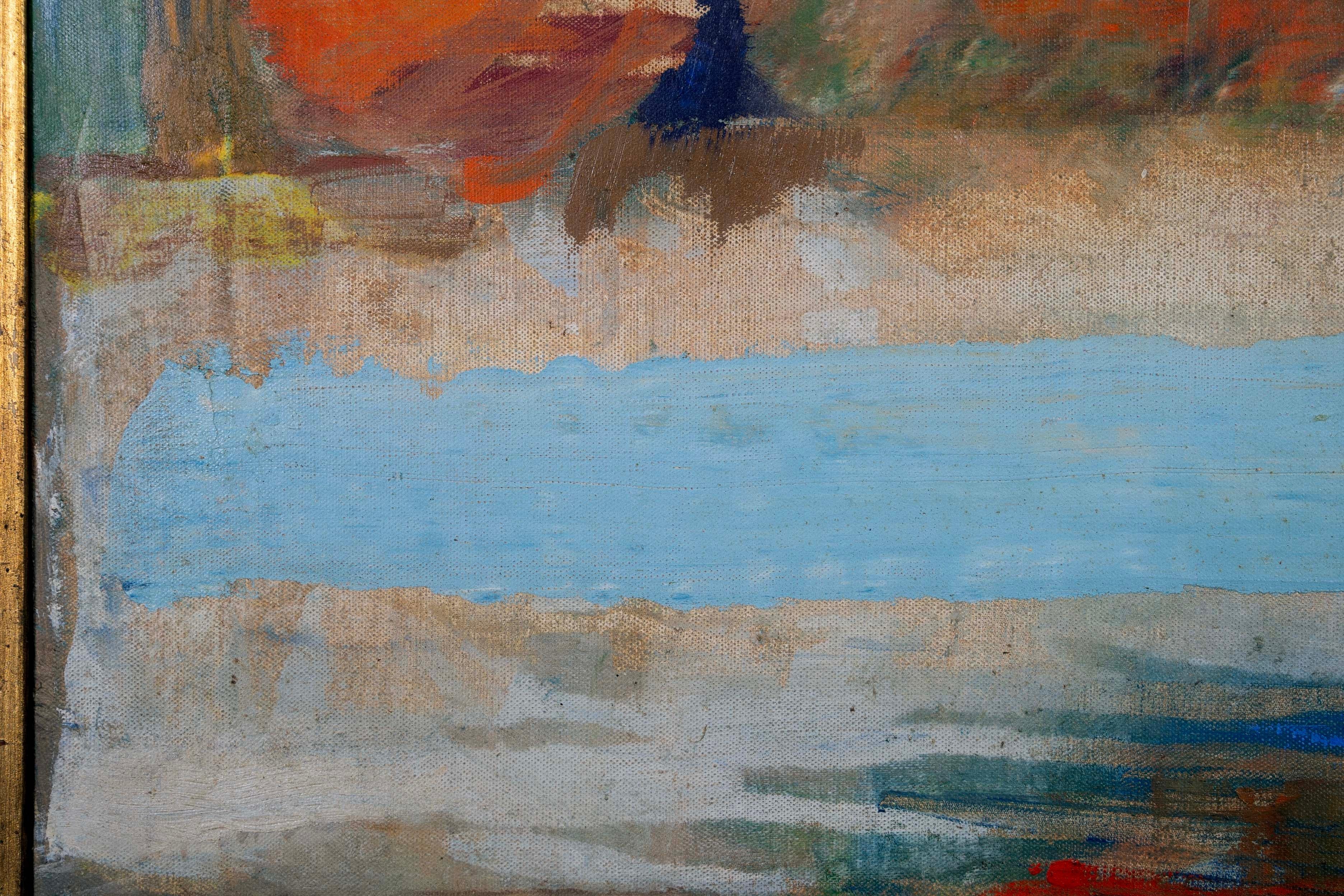 Milieu du XXe siècle John Thomas Nature morte bleue et orange Signée Peinture à l'huile moderne sur toile 1958 en vente